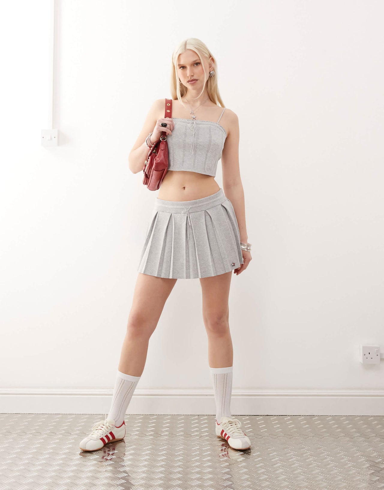 Tommy Jeans tommy girl pointelle knitted cami top in grey