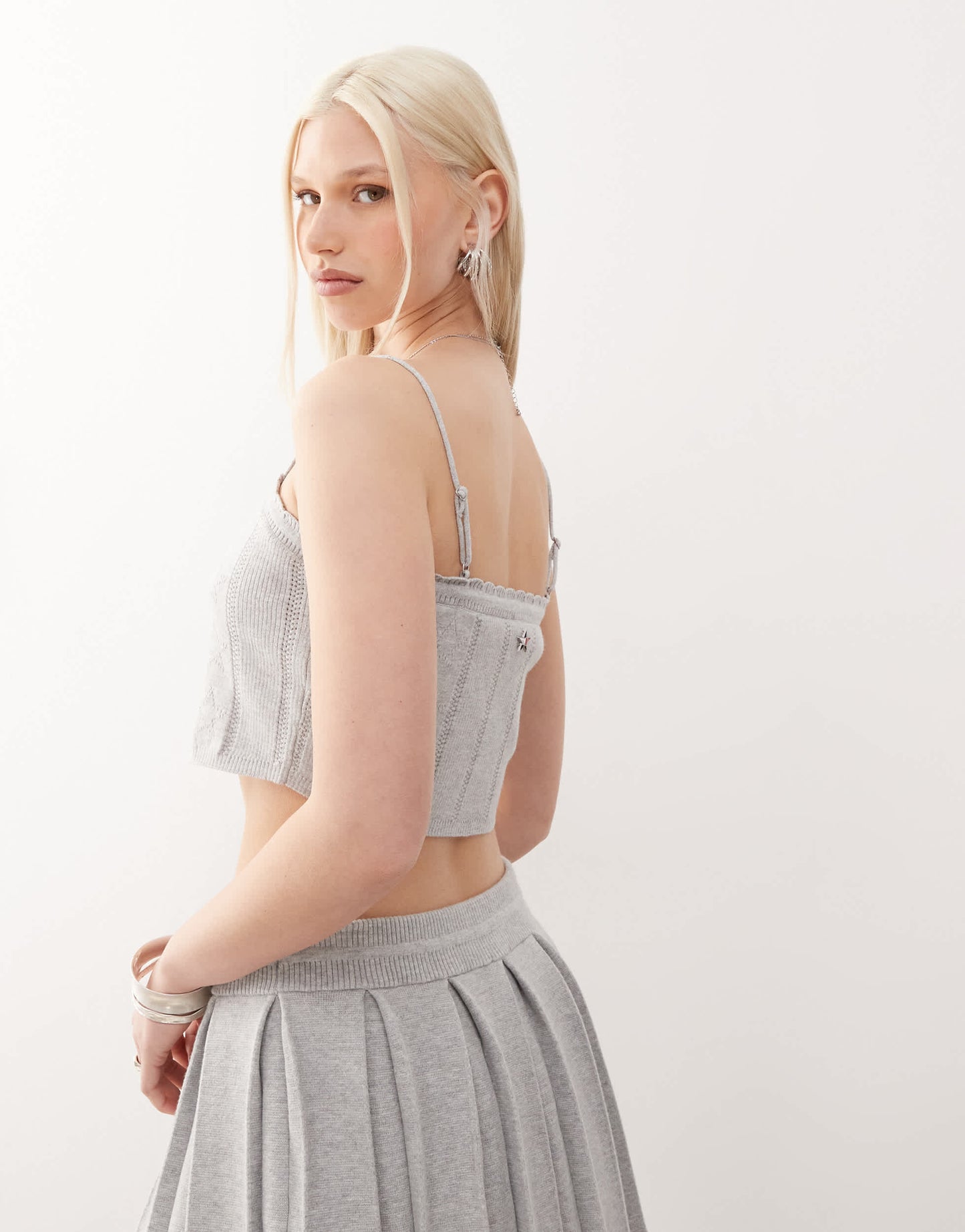 Tommy Jeans tommy girl pointelle knitted cami top in grey