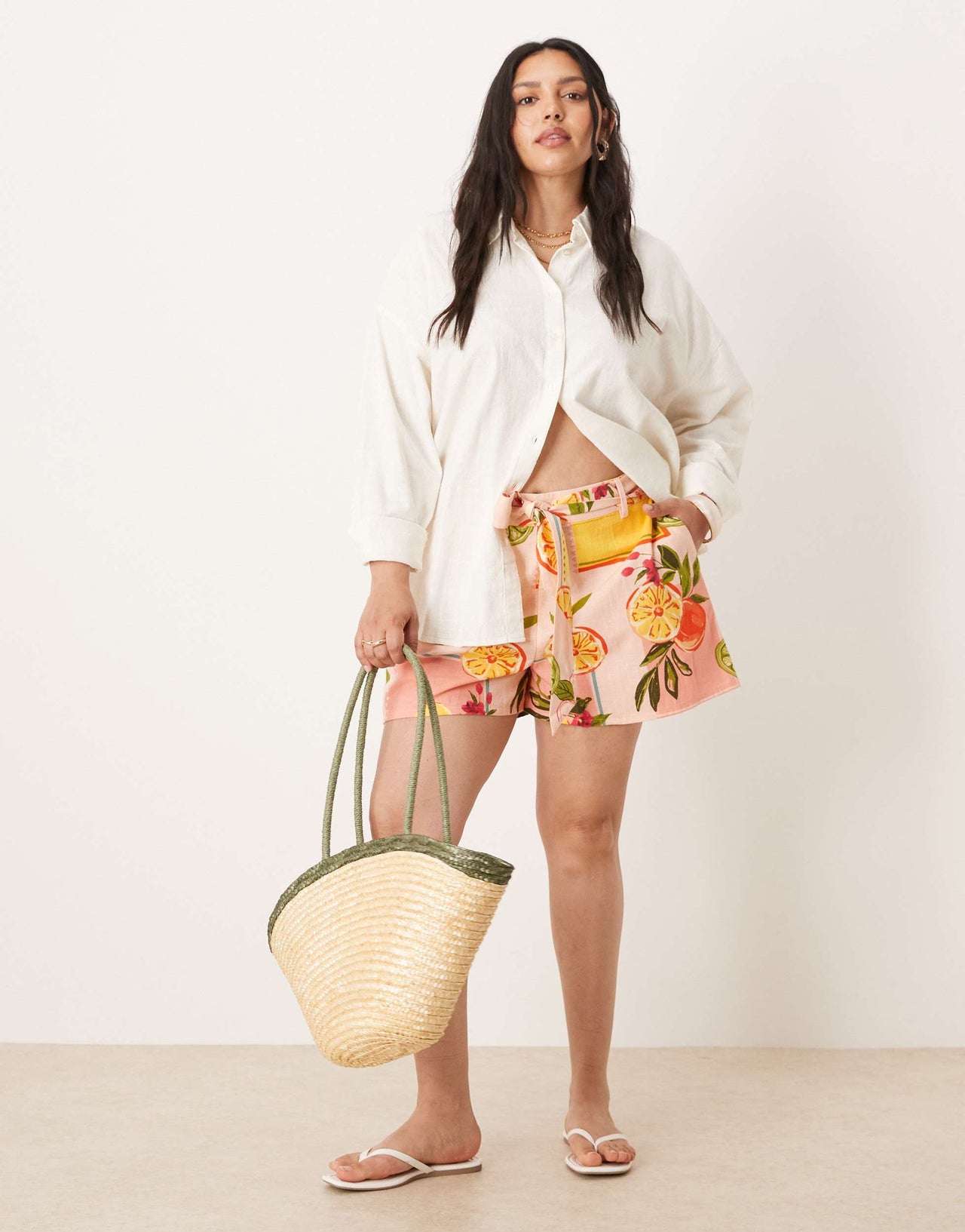 ASOS DESIGN Curve tie waist shorts in fruit print