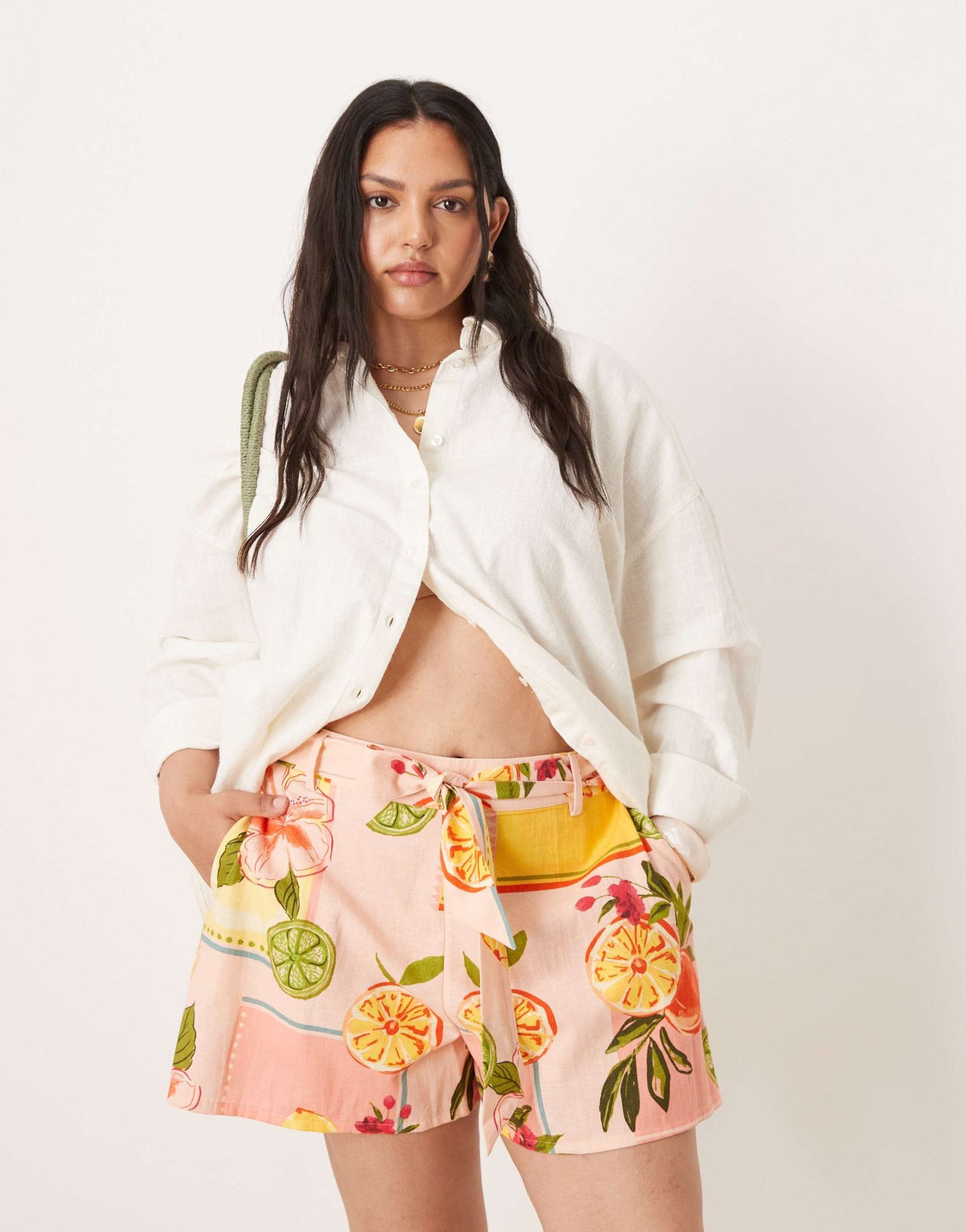 ASOS DESIGN Curve tie waist shorts in fruit print