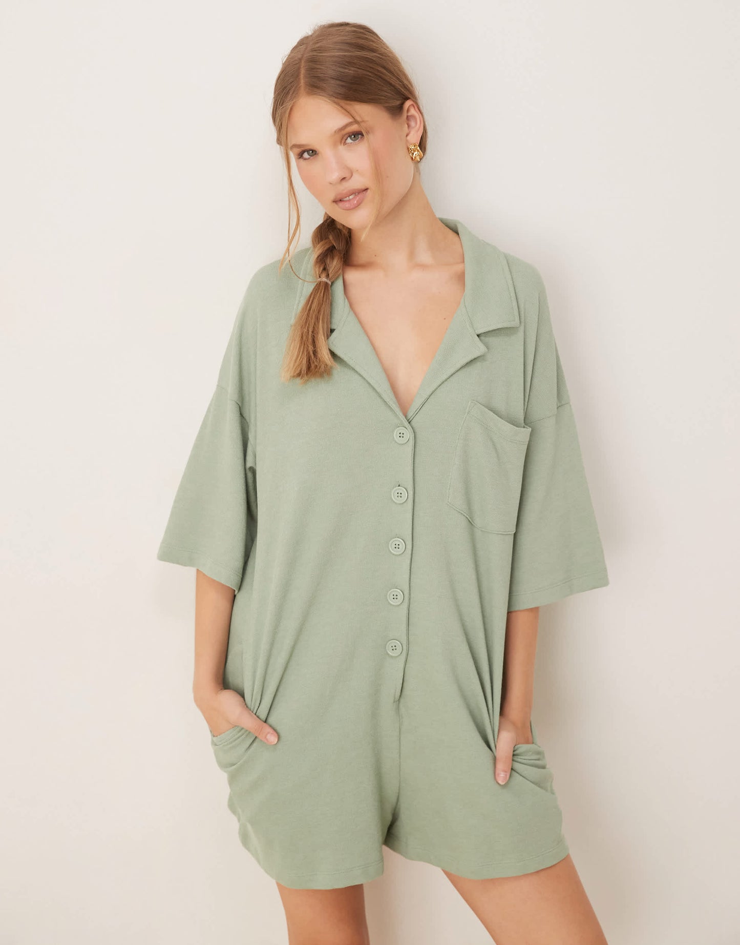 ASOS DESIGN towling t shirt romper in sage