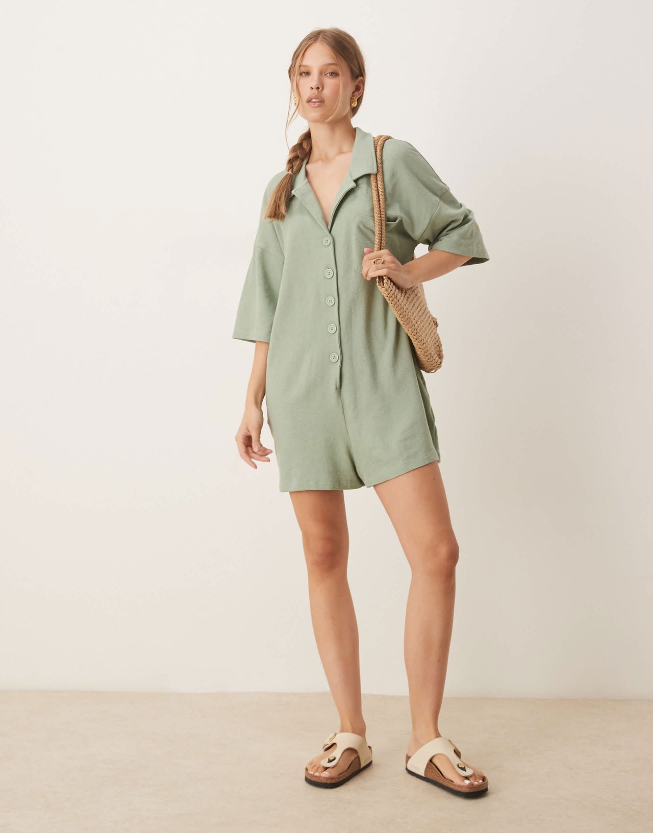 ASOS DESIGN towling t shirt romper in sage