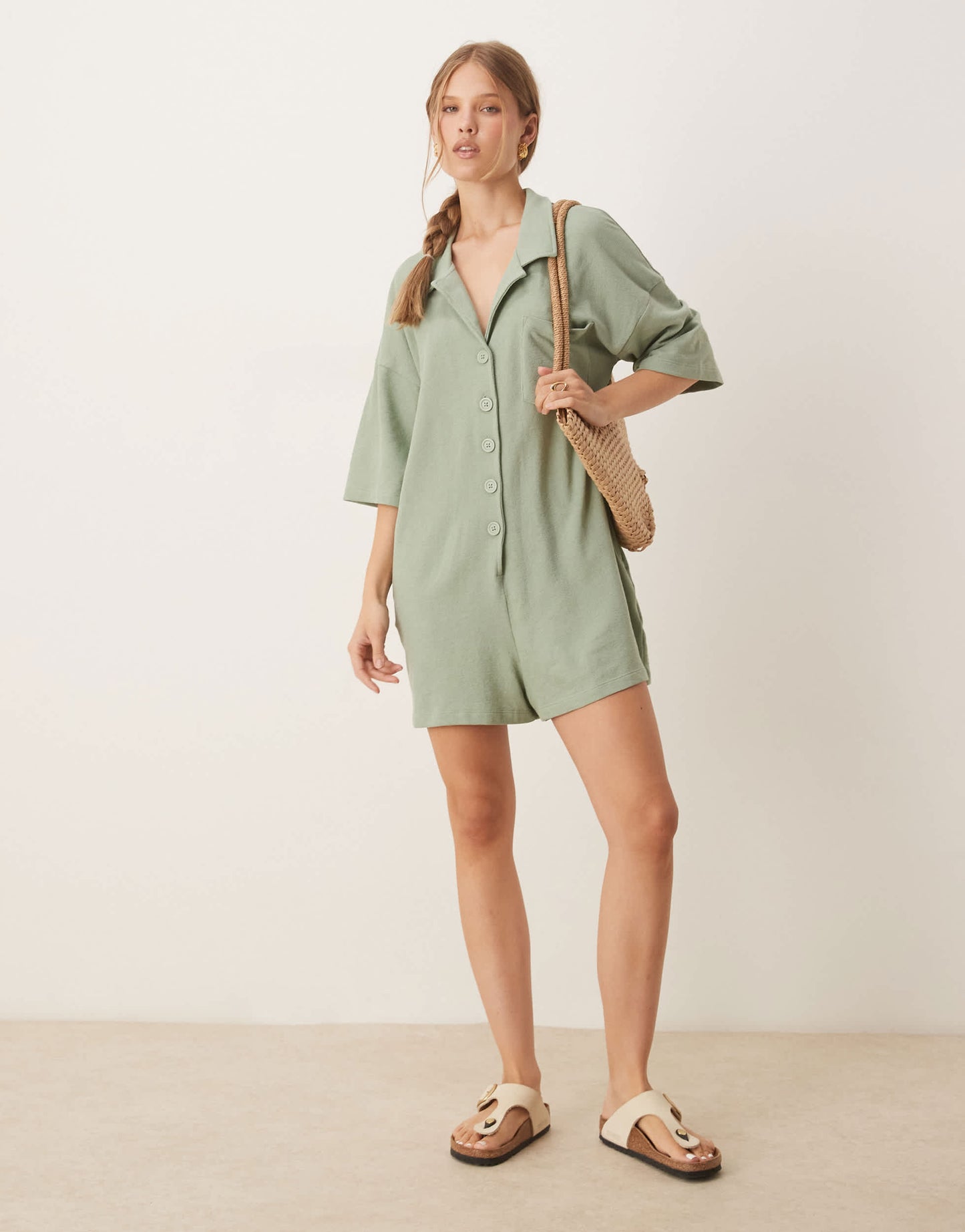 ASOS DESIGN towling t shirt romper in sage