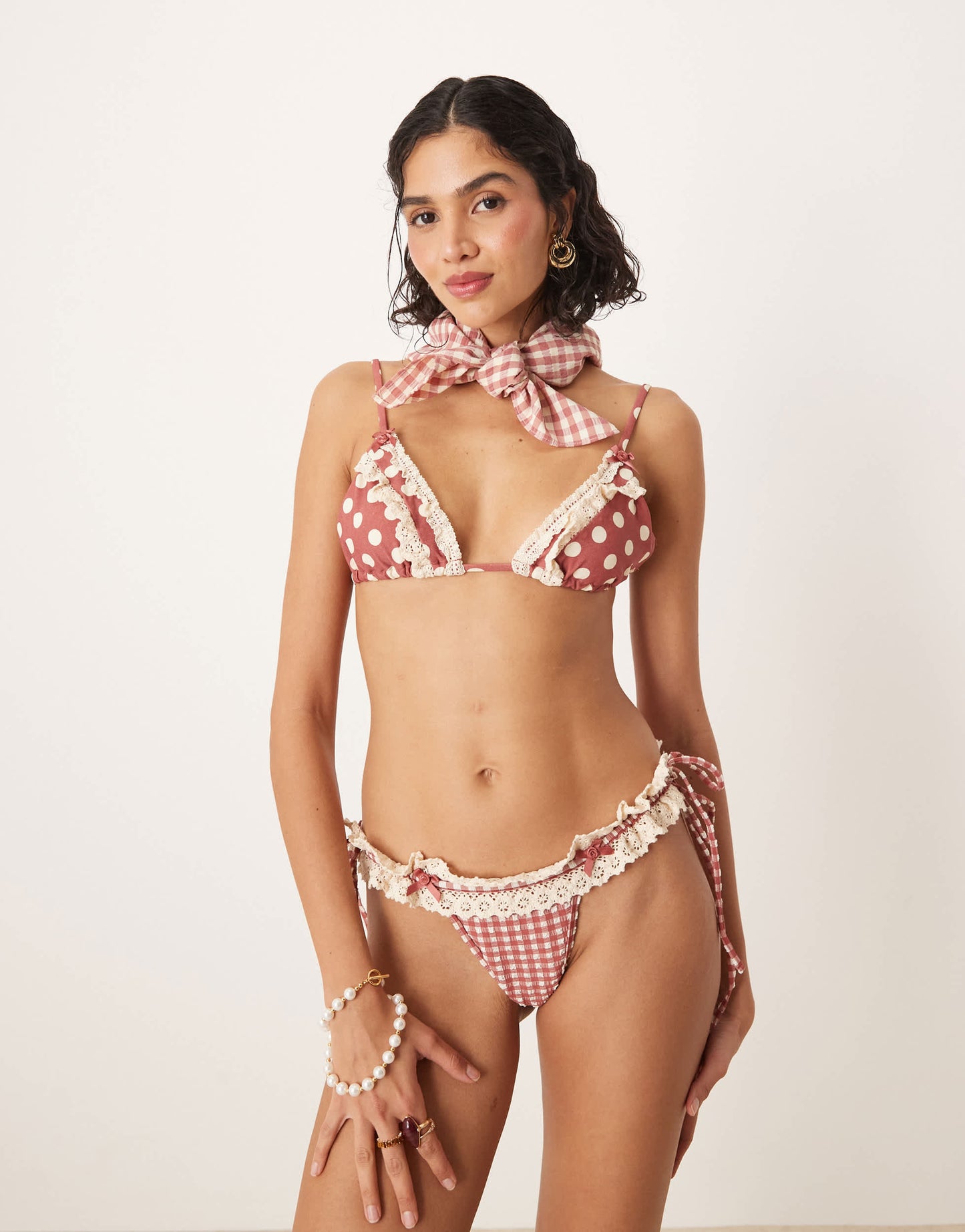 For Love & Lemons dot triangle bikini top co-ord in red gingham