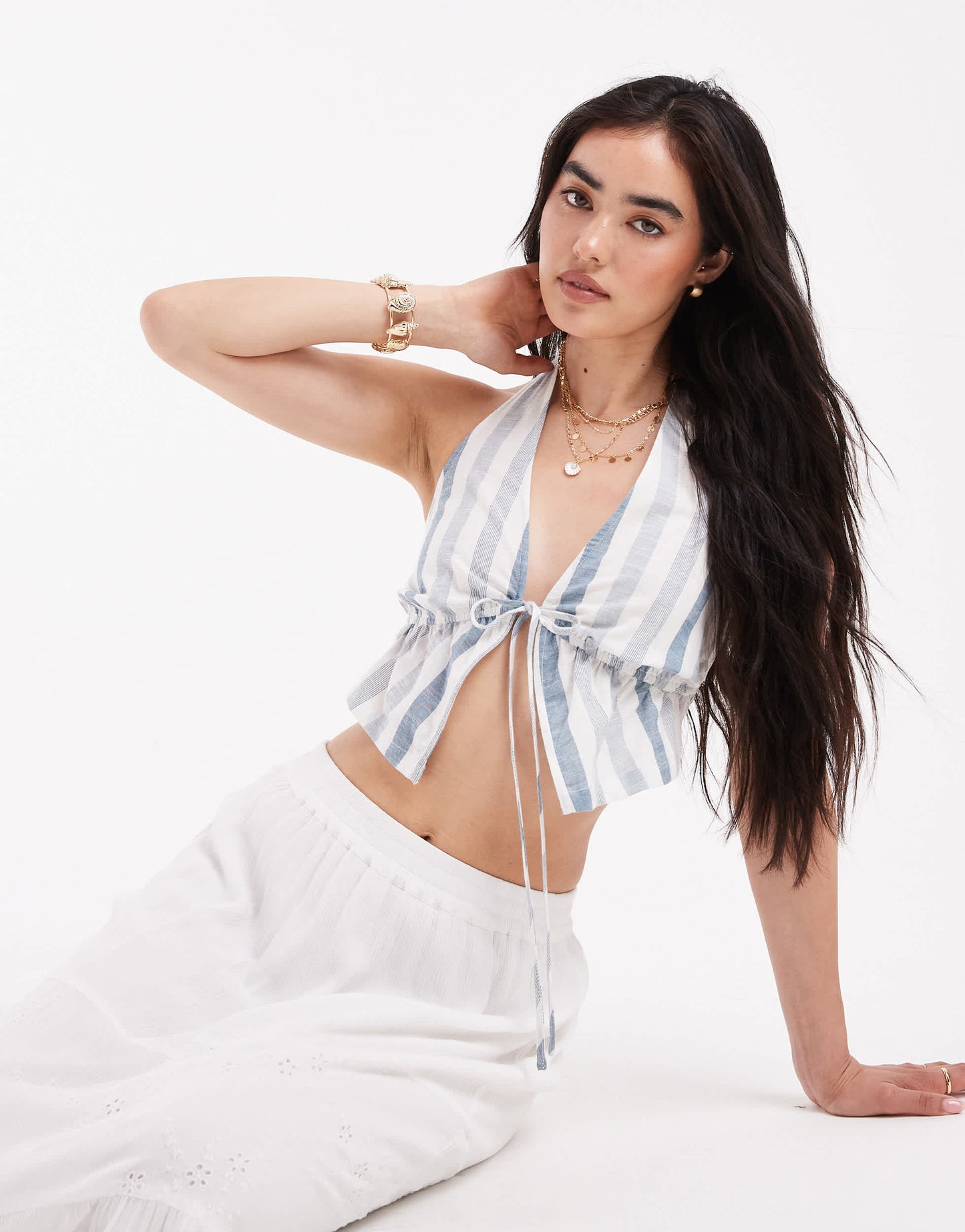 Wednesday's Girl bold stripe halter top in blue
