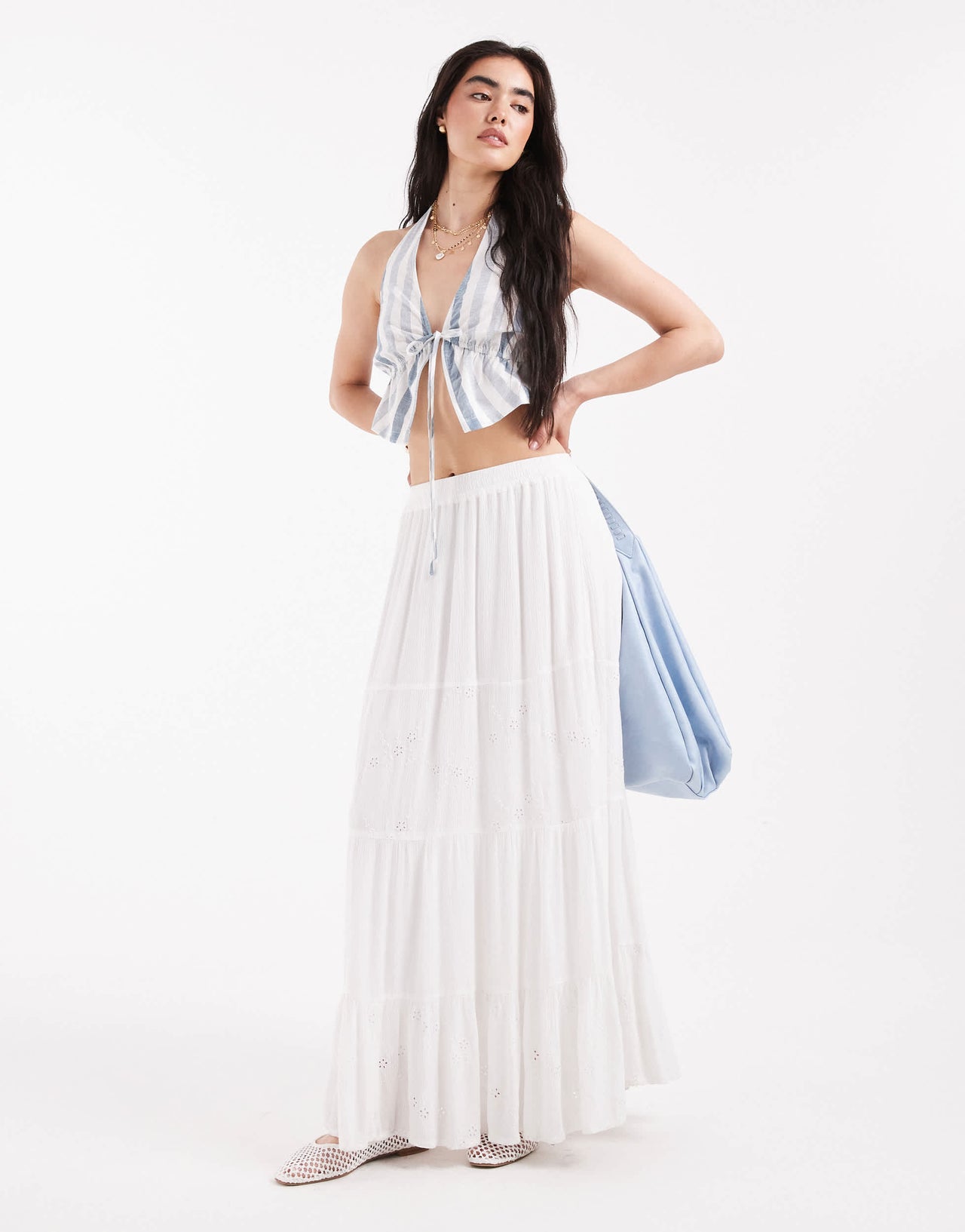 Wednesday's Girl bold stripe halter top in blue