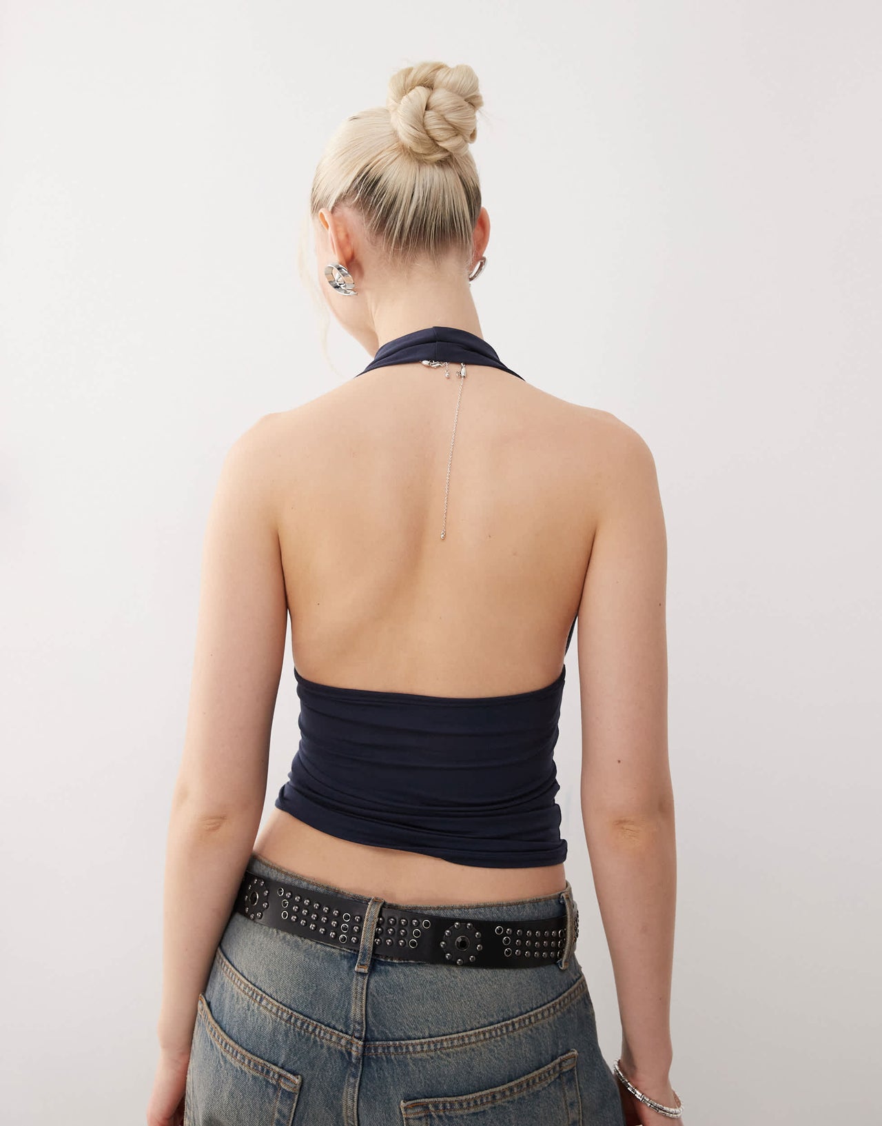 Weekday Aline deep halter neck top in navy