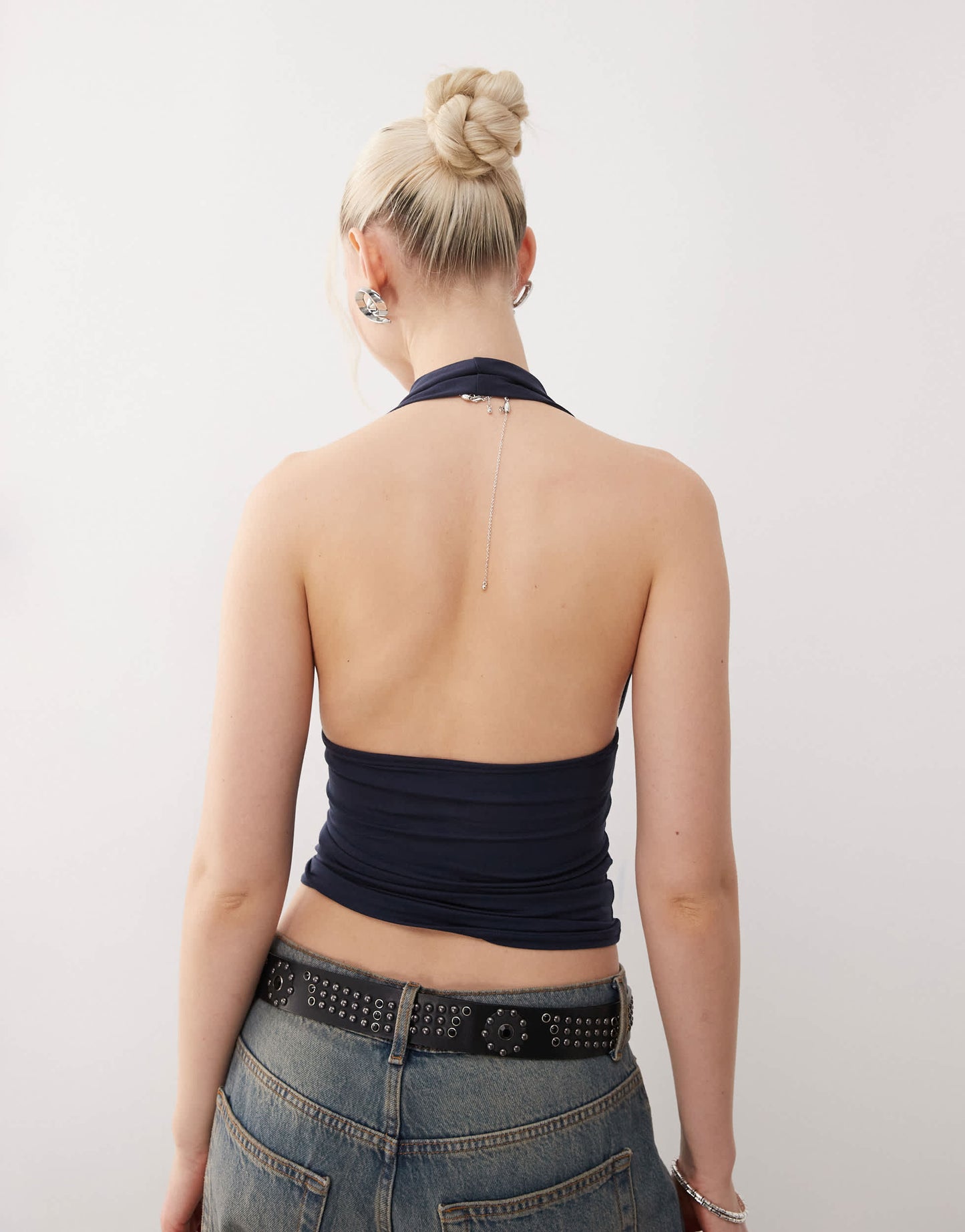 Weekday Aline deep halter neck top in navy