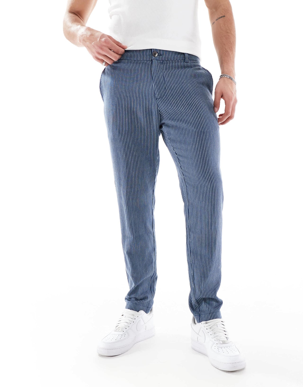 New Look linen look striped trouser co-ord in navy