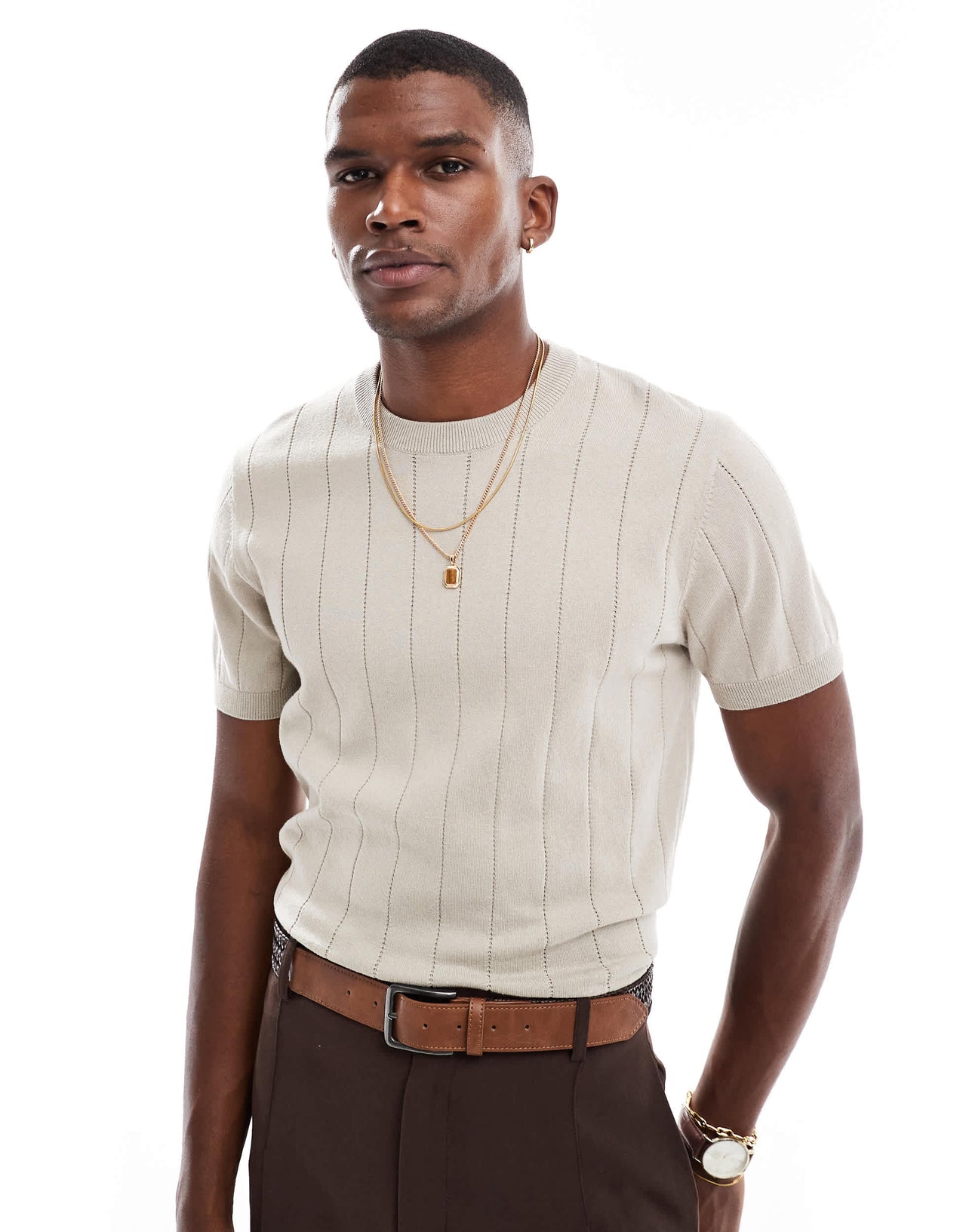 New Look knitted short sleeve t-shirt in off white