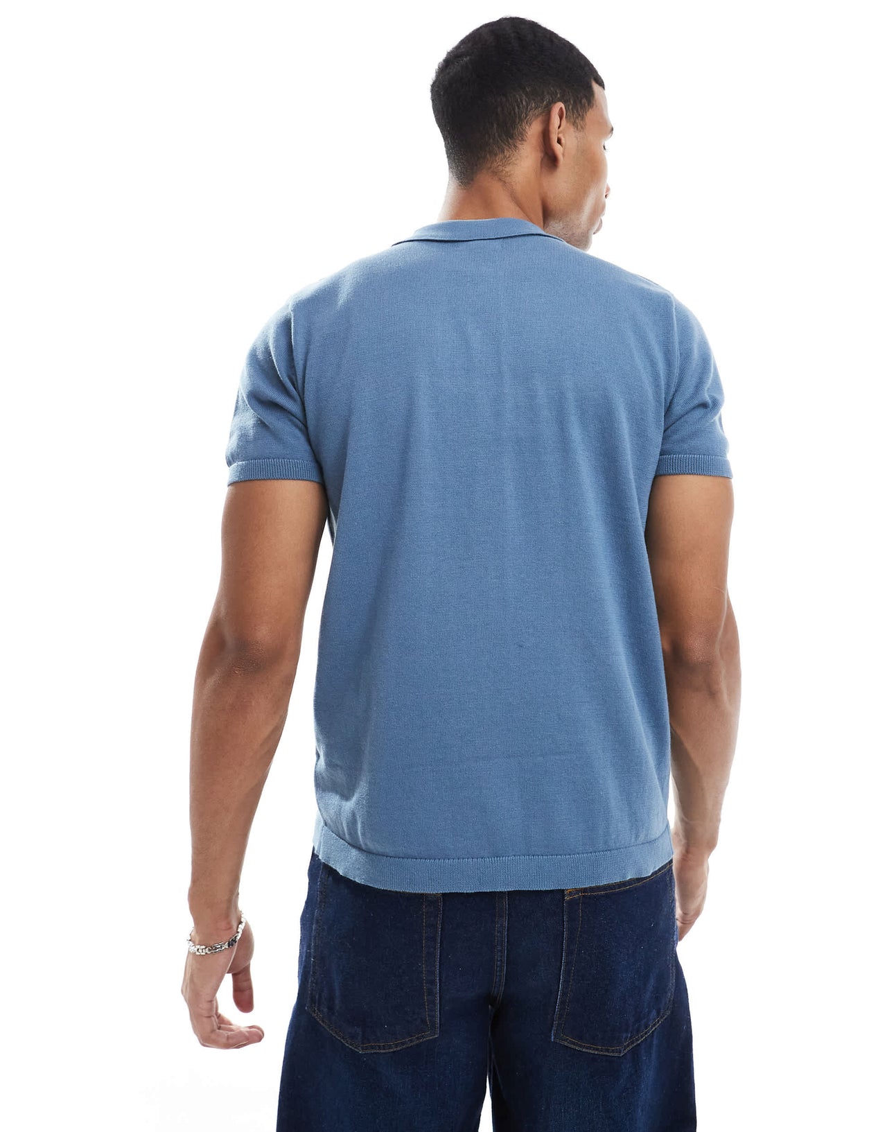 New Look knitted button down short sleeved shirt in blue