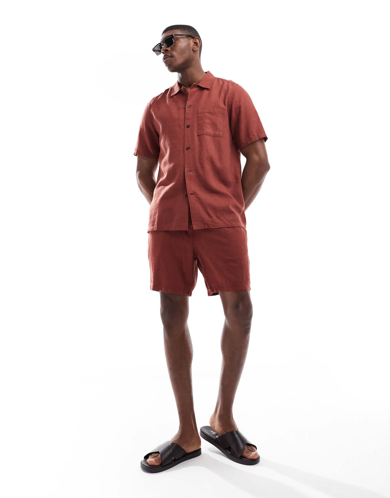 New Look flat collar linen-blend shirt co-ord in rust