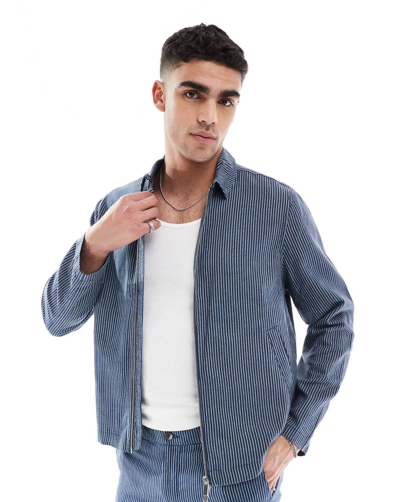 New Look linen look striped harrington jacket co-ord in blue