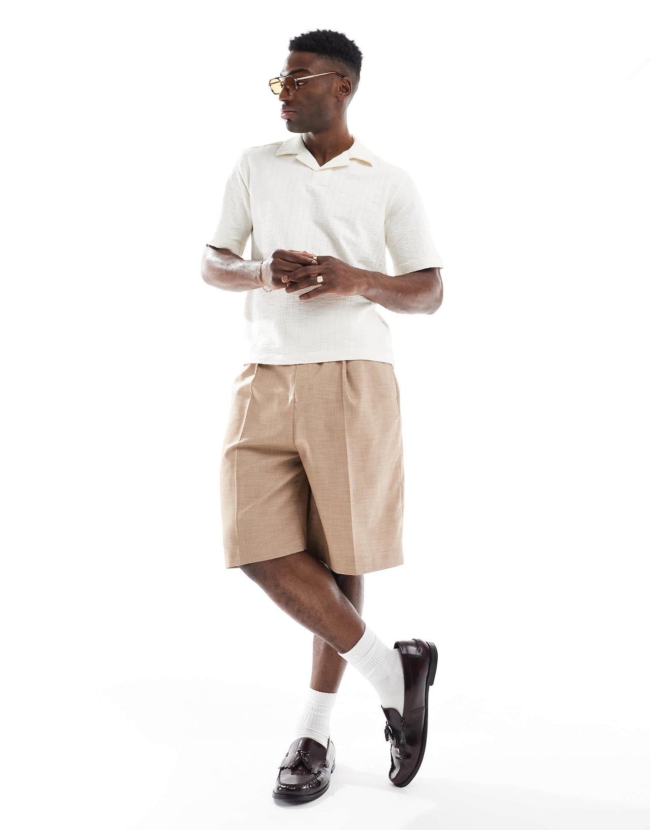 ONLY & SONS split neck seersucker polo in beige