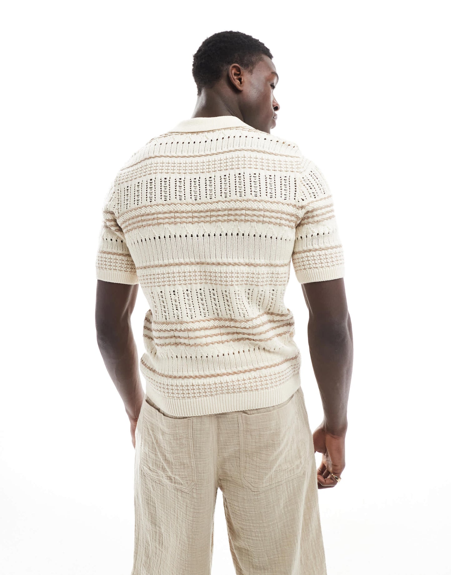 ONLY & SONS relaxed fit open knit polo in beige stripe