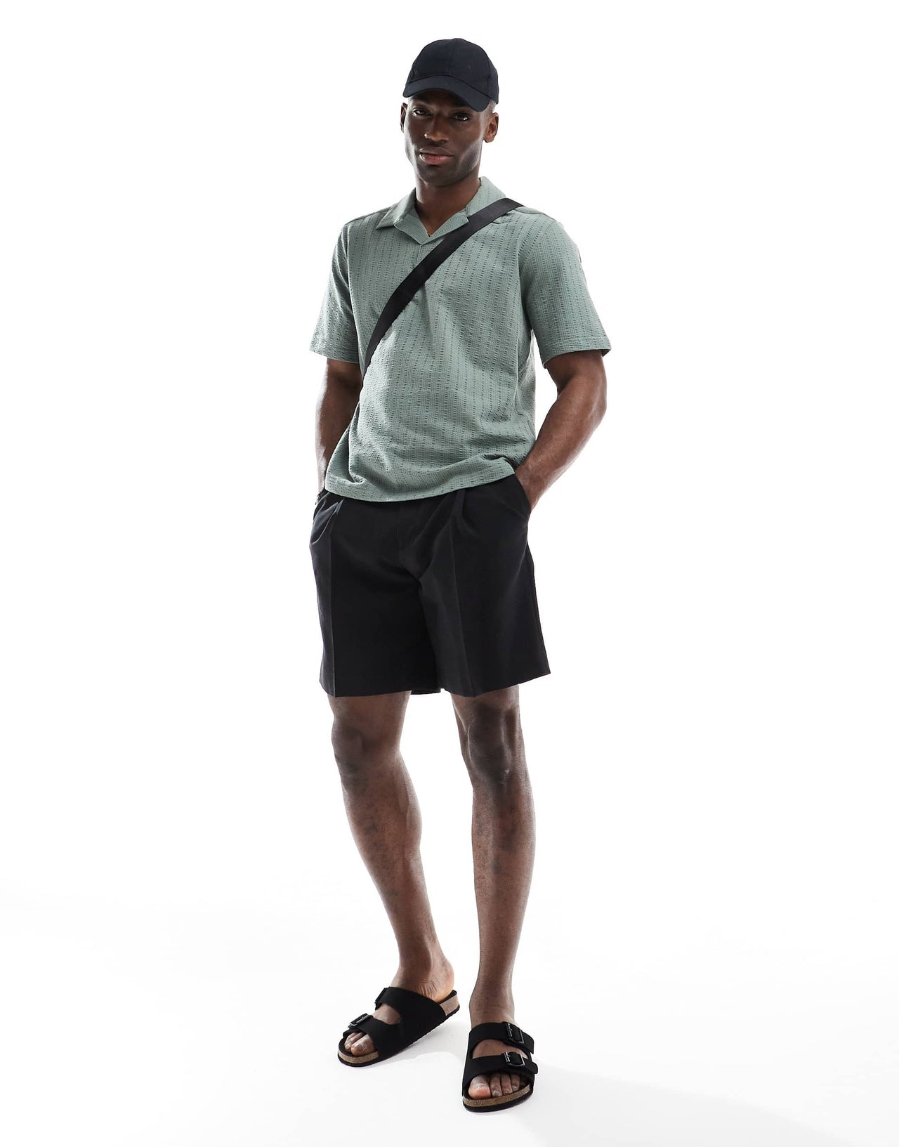 ONLY & SONS split neck seersucker polo in sage green