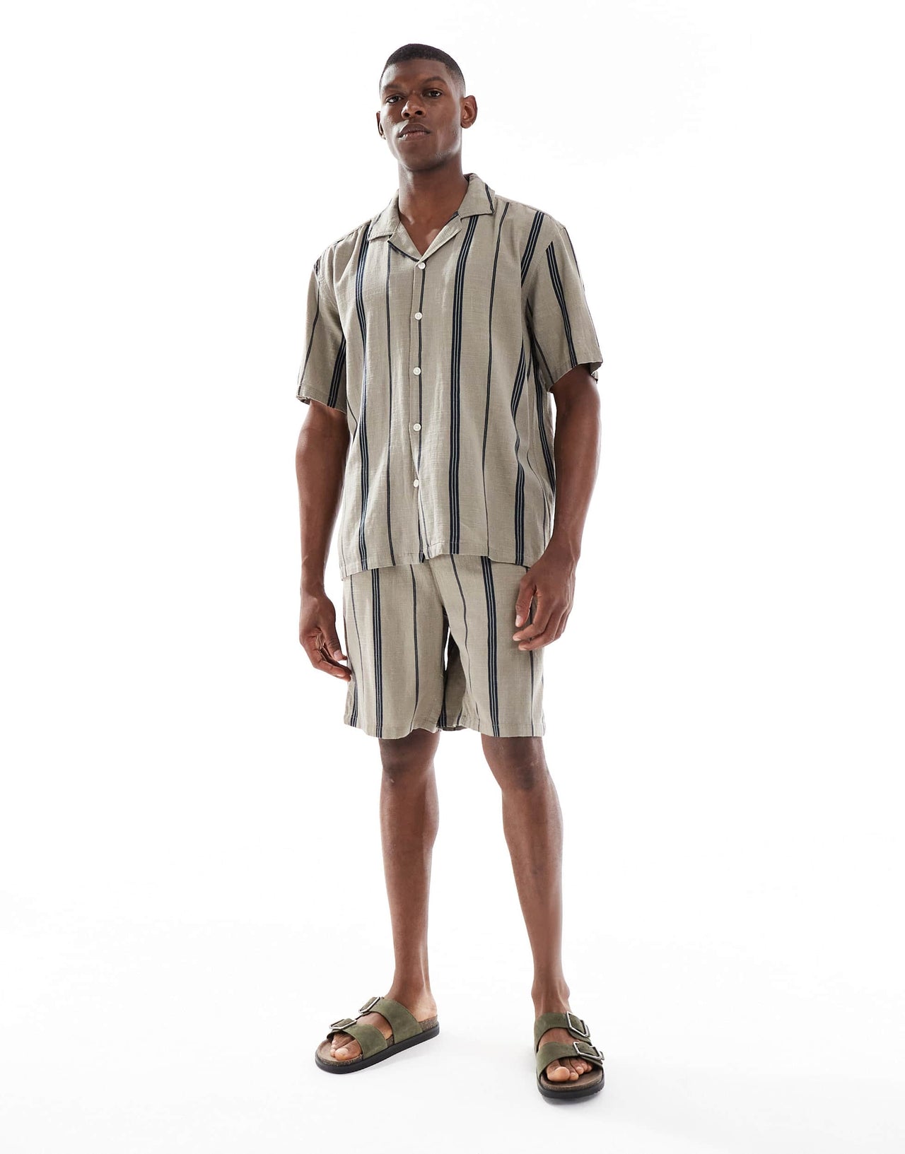 ONLY & SONS linen look shirt co-ord in beige stripe