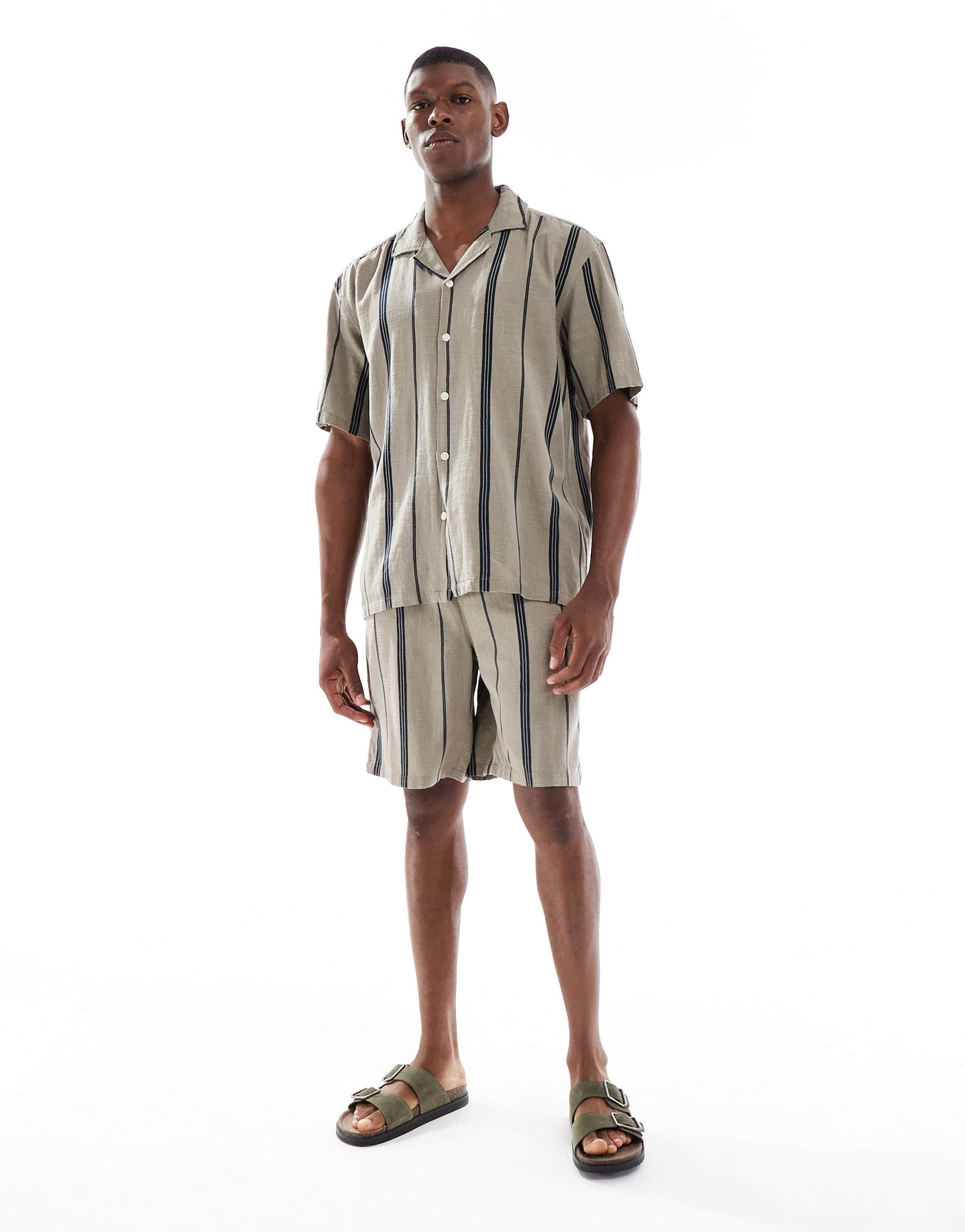 ONLY & SONS linen look shirt co-ord in beige stripe