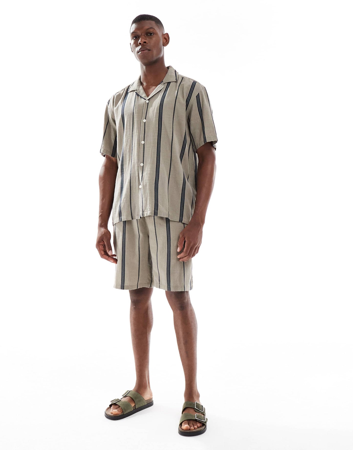 ONLY & SONS linen look short co-ord in beige stripe