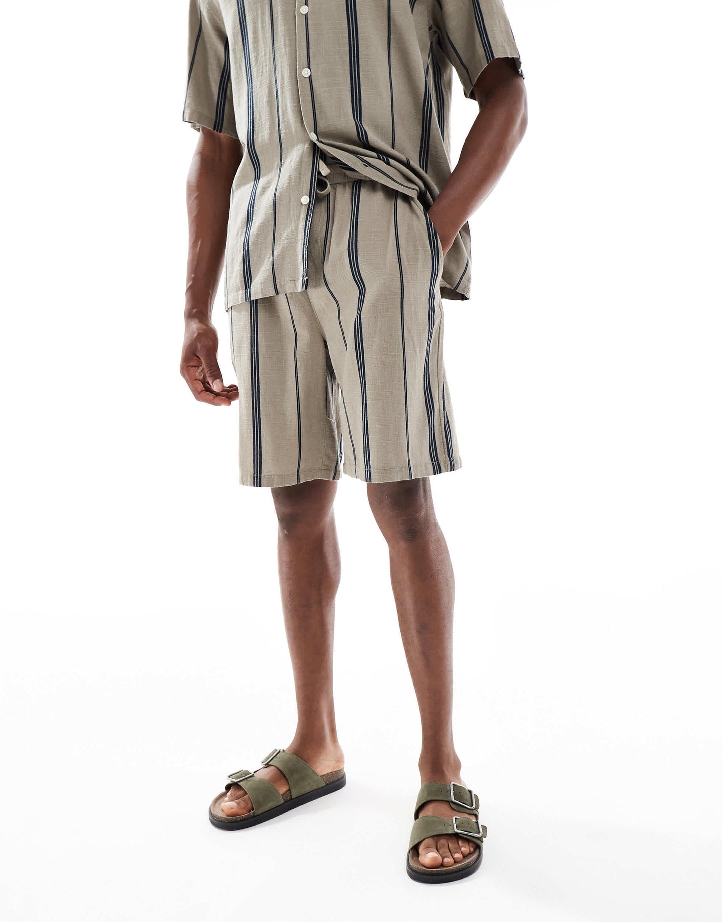 ONLY & SONS linen look short co-ord in beige stripe