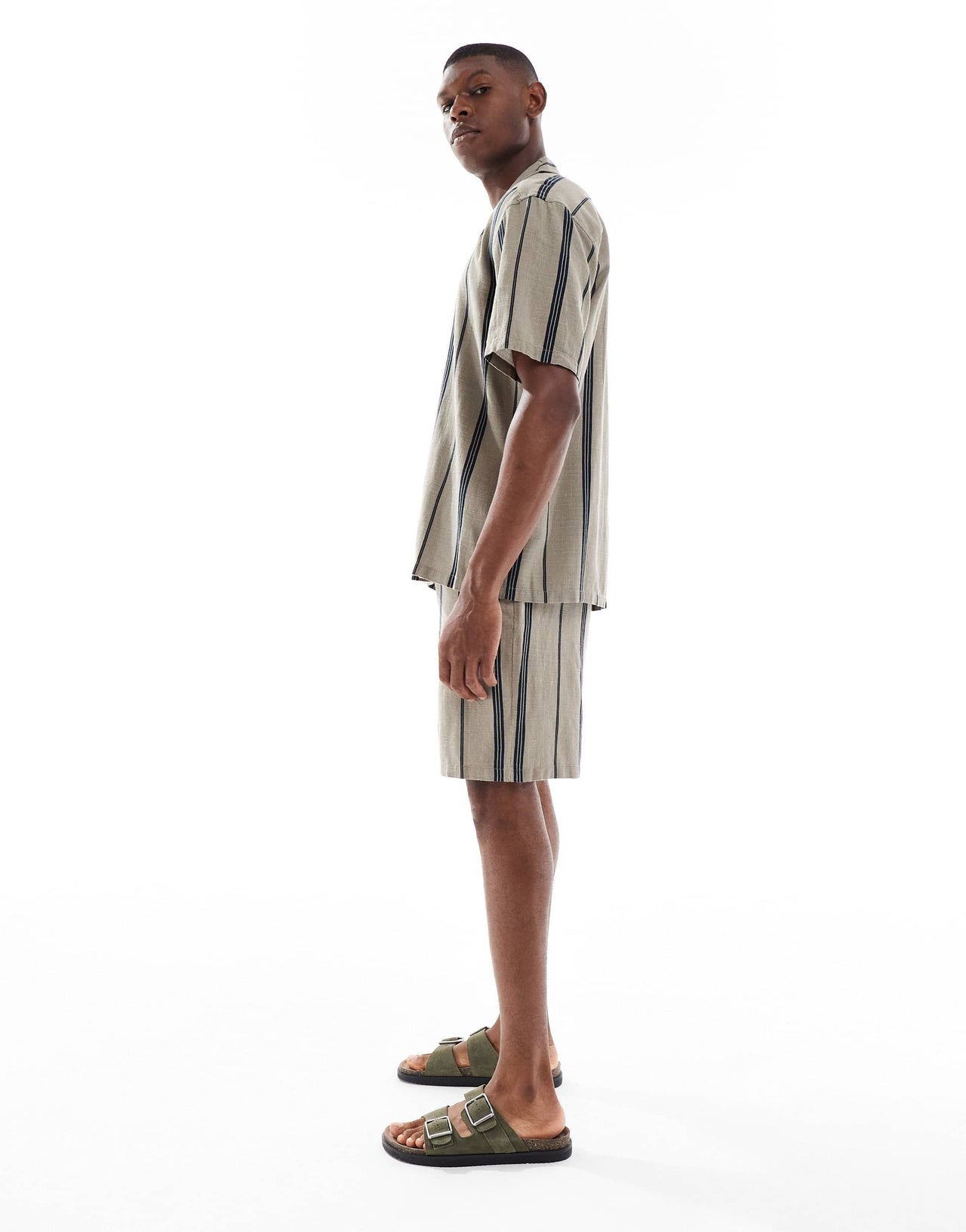 ONLY & SONS linen look short co-ord in beige stripe