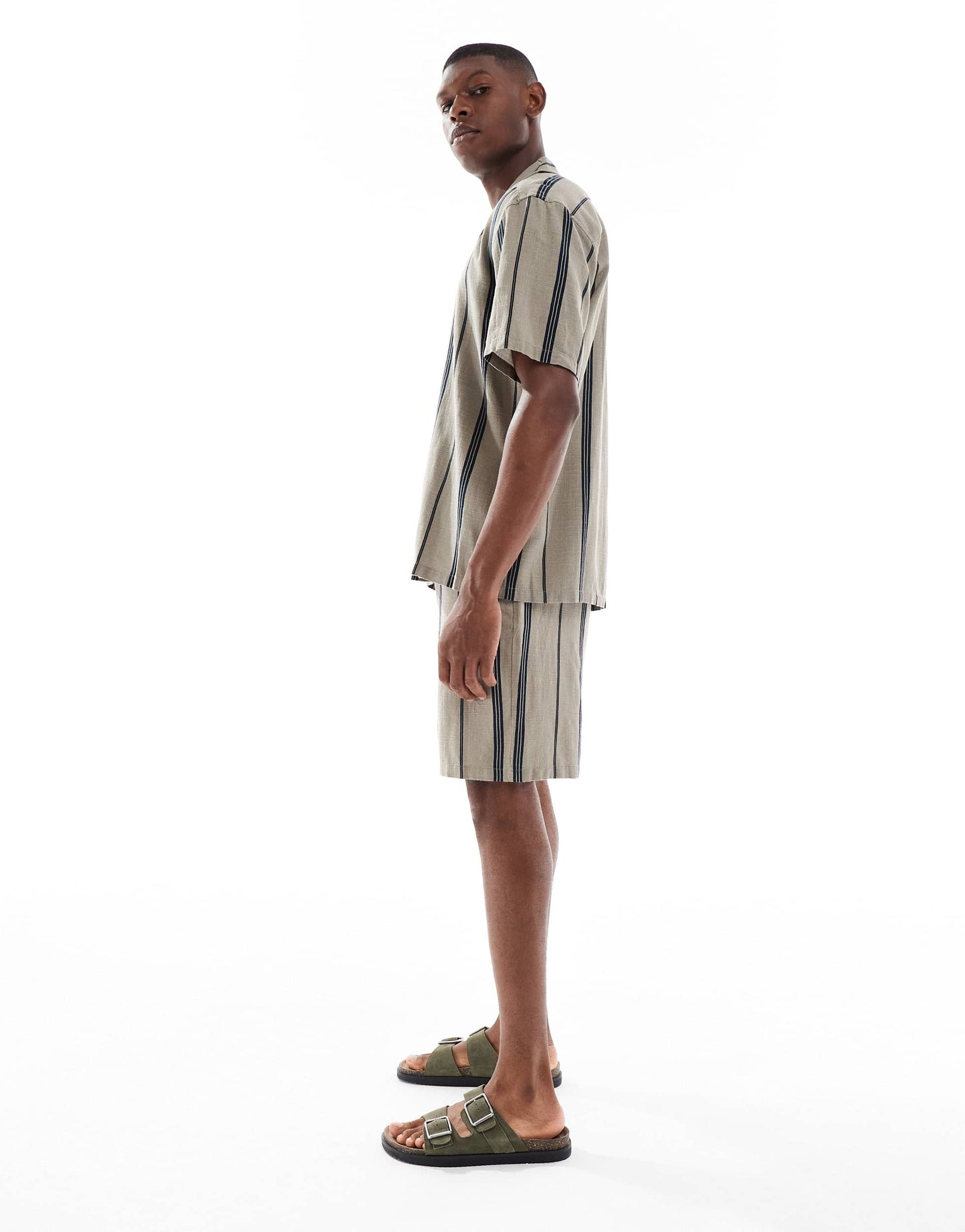 ONLY & SONS linen look short co-ord in beige stripe