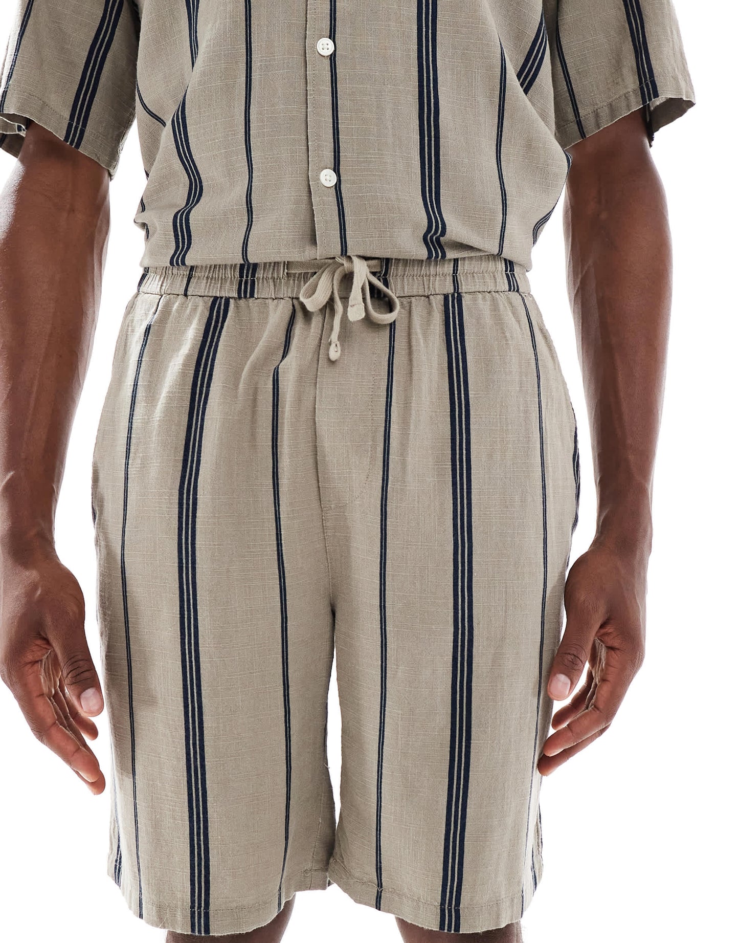 ONLY & SONS linen look short co-ord in beige stripe
