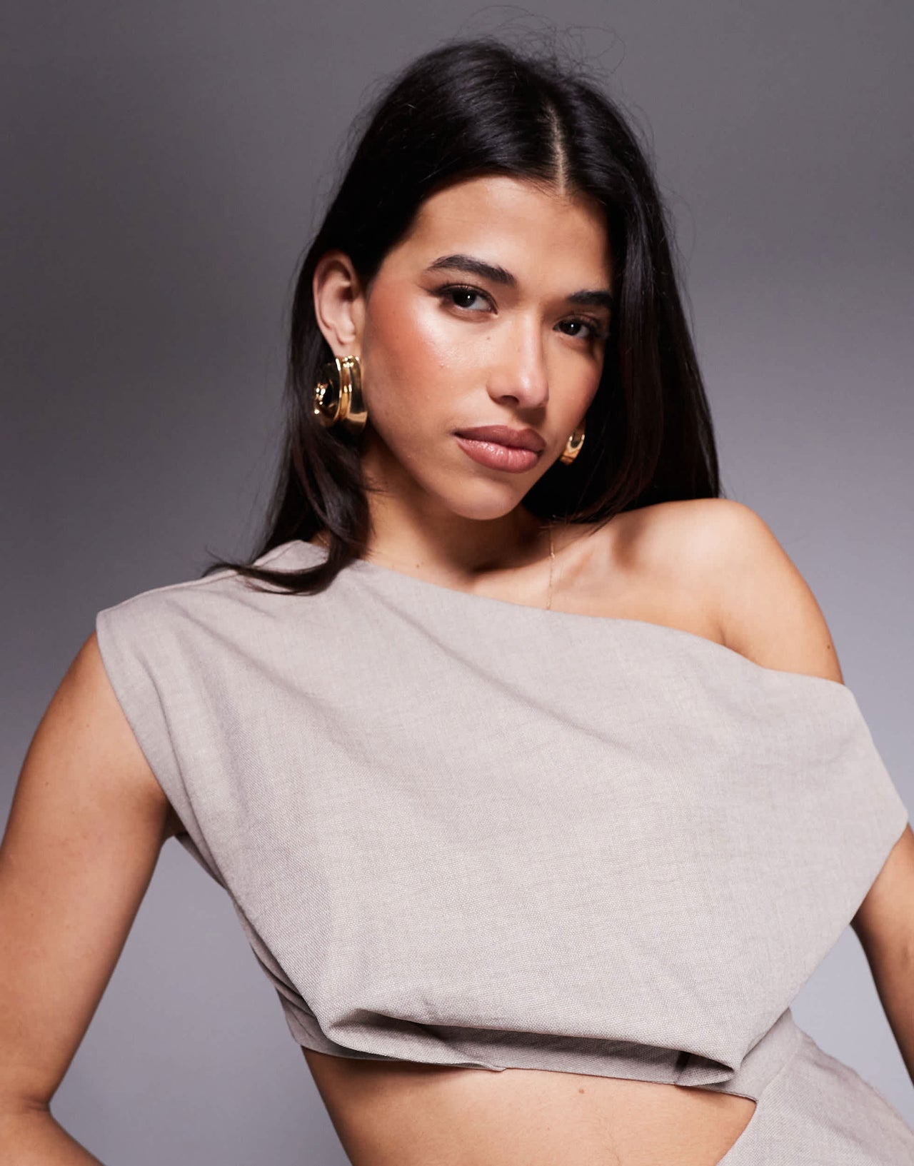 ASOS DESIGN structured fallen shoulder fauxord midi dress in taupe