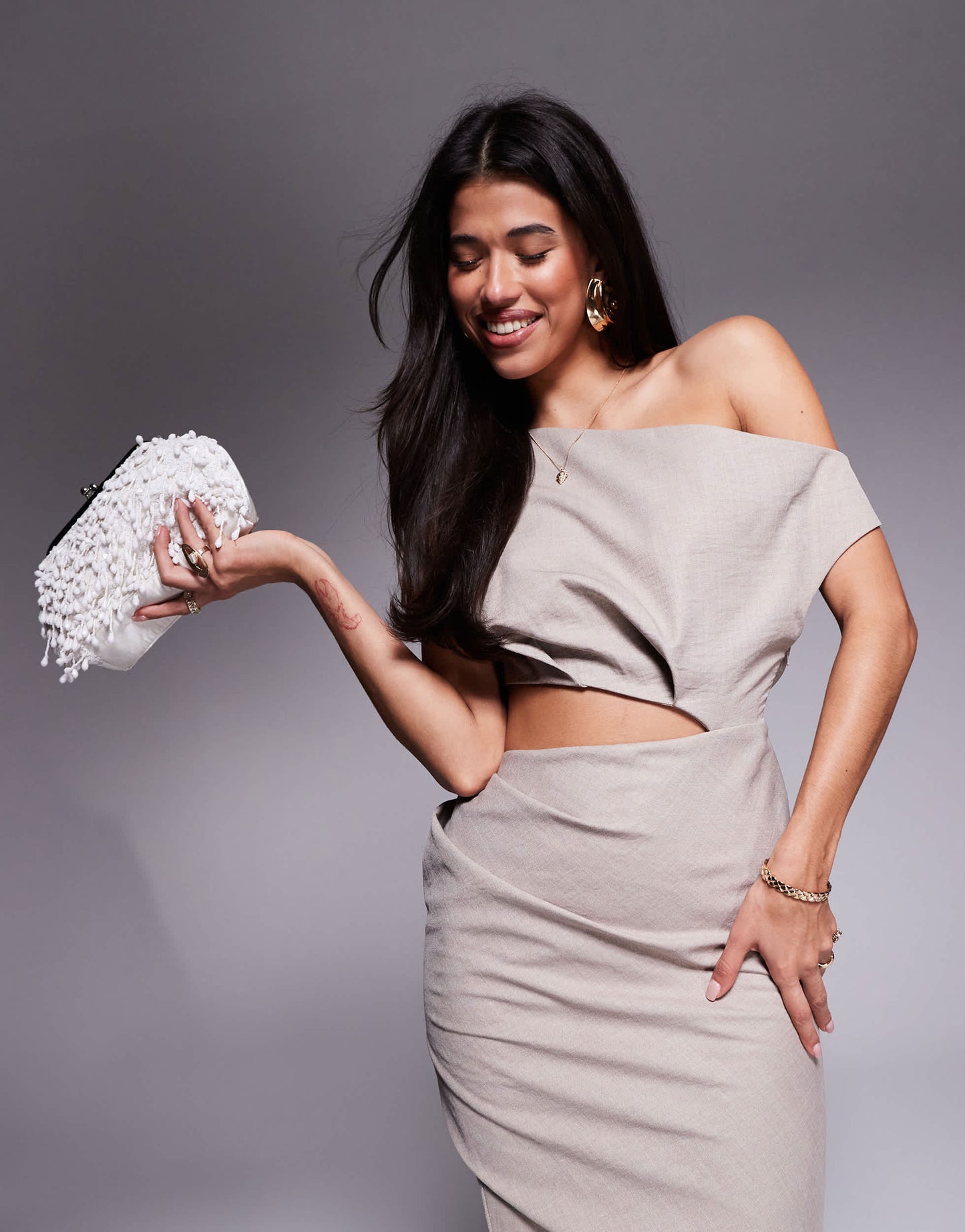 ASOS DESIGN structured fallen shoulder fauxord midi dress in taupe