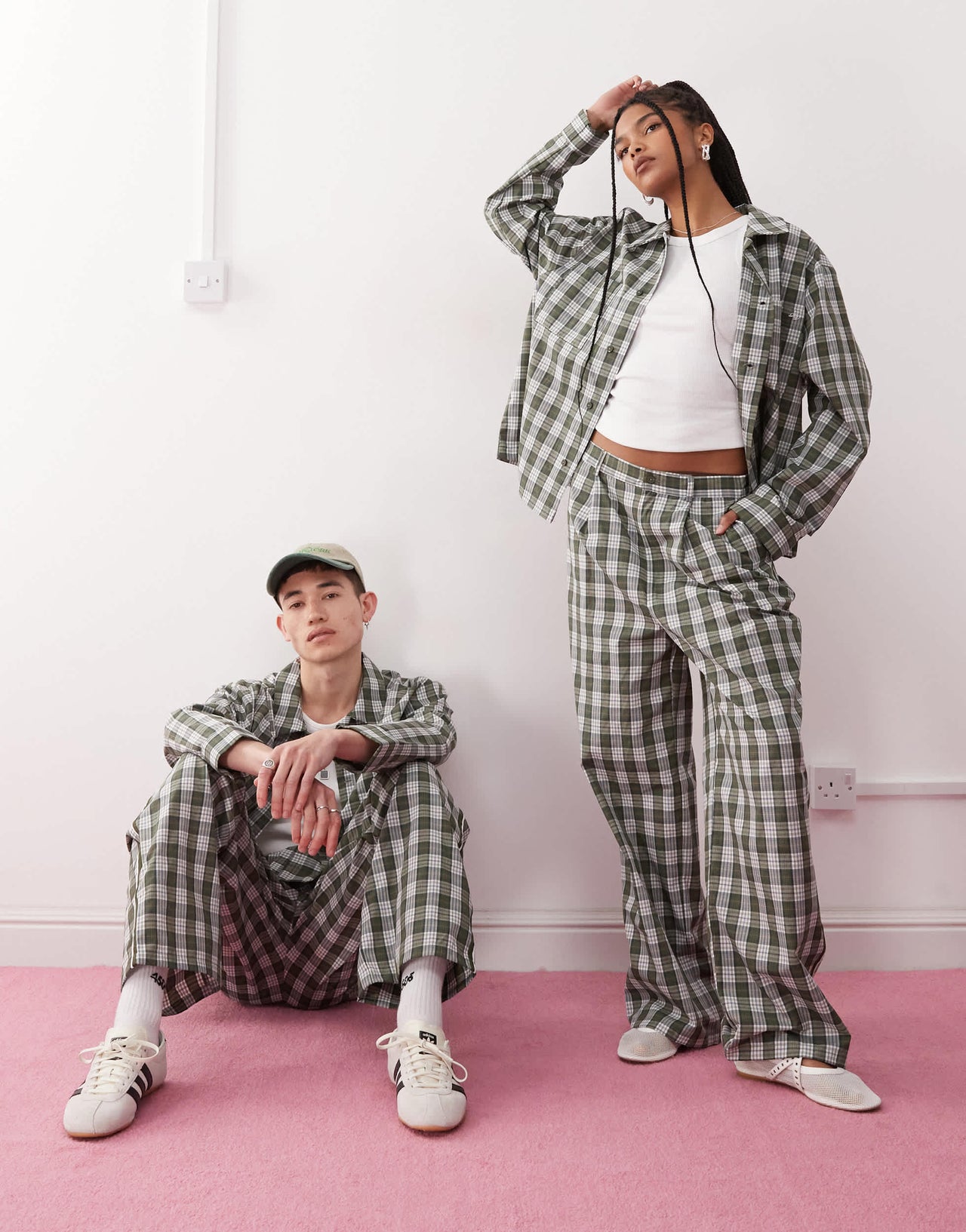Reclaimed Vintage unisex boxy shirt co-ord with embroidery in green check