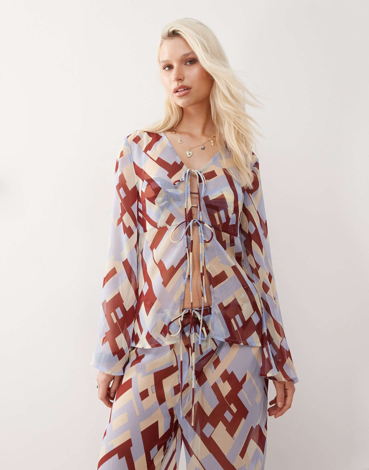Reclaimed Vintage tie front sheer beach top in geo print