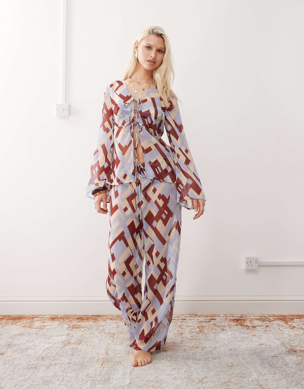 Reclaimed Vintage tie front sheer beach top in geo print