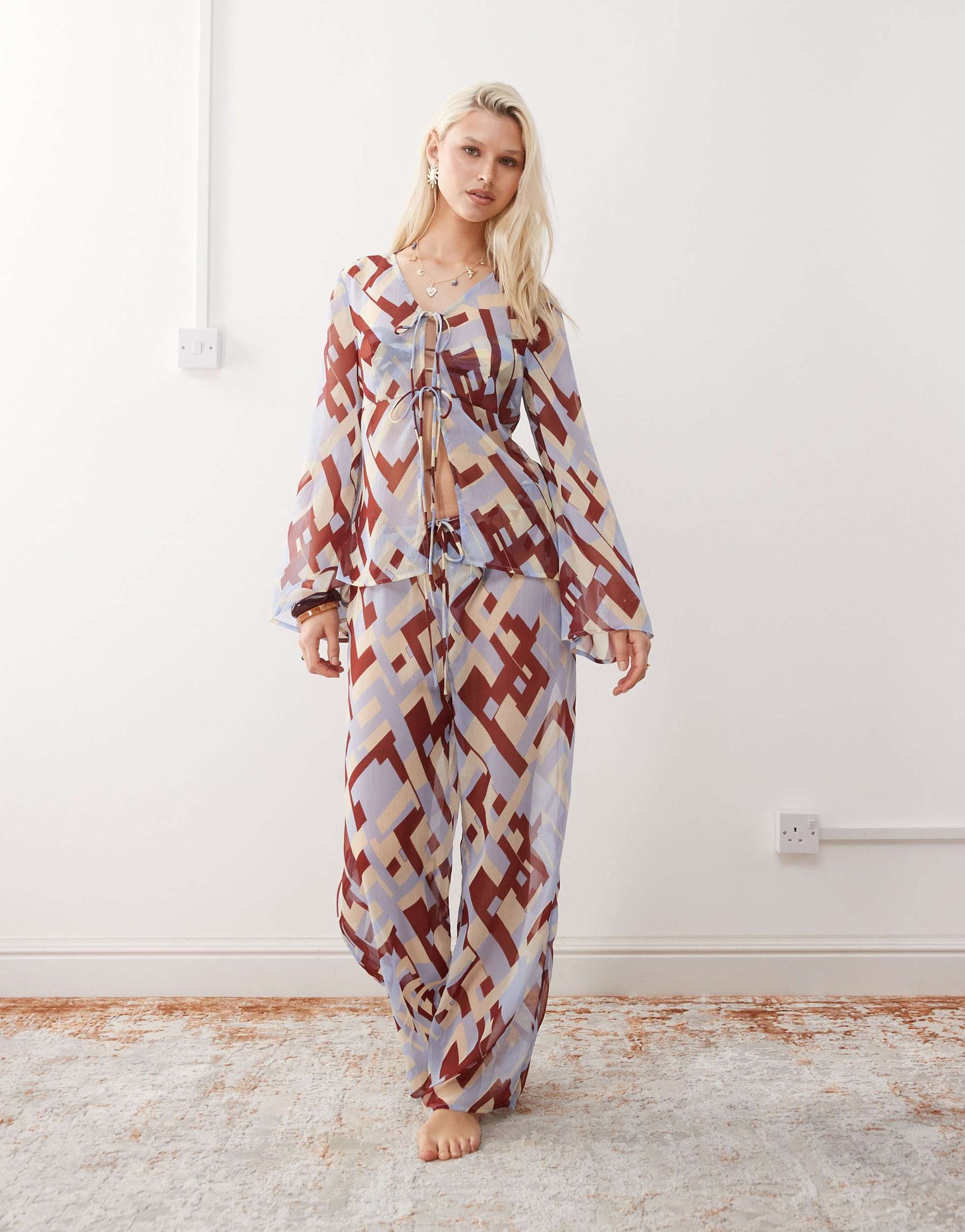 Reclaimed Vintage tie front sheer beach top in geo print