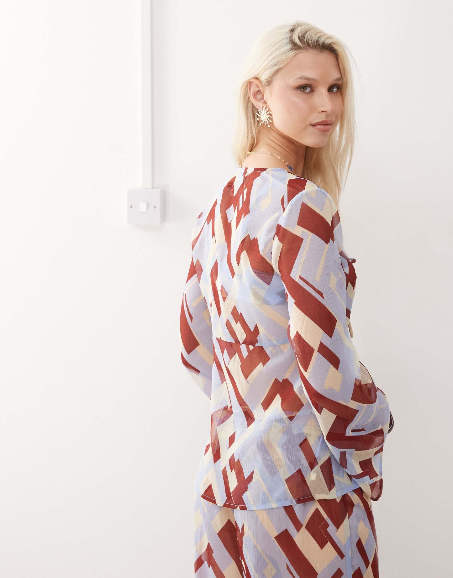 Reclaimed Vintage tie front sheer beach top in geo print