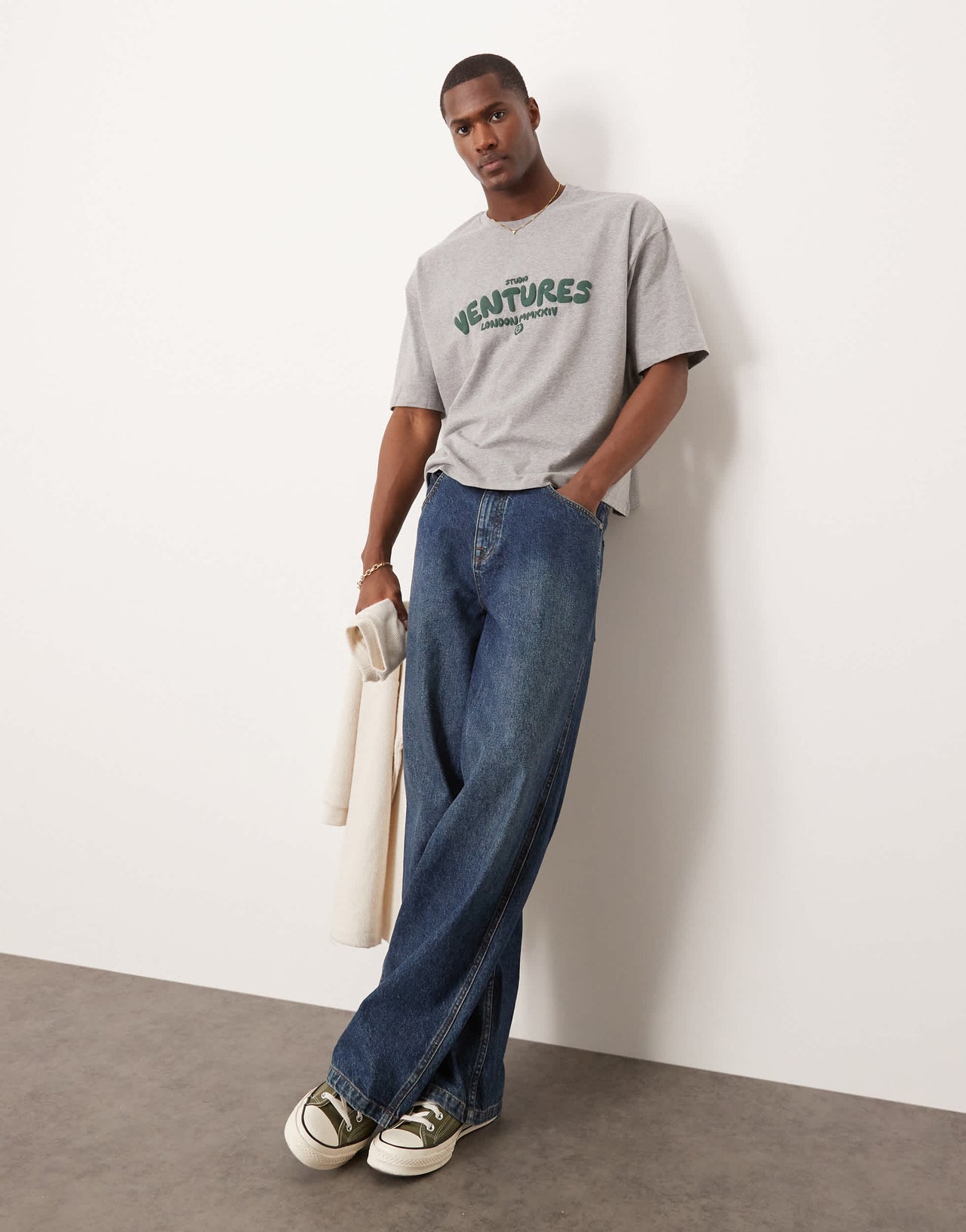 ASOS DESIGN boxy oversized t-shirt with text graphic in grey marl