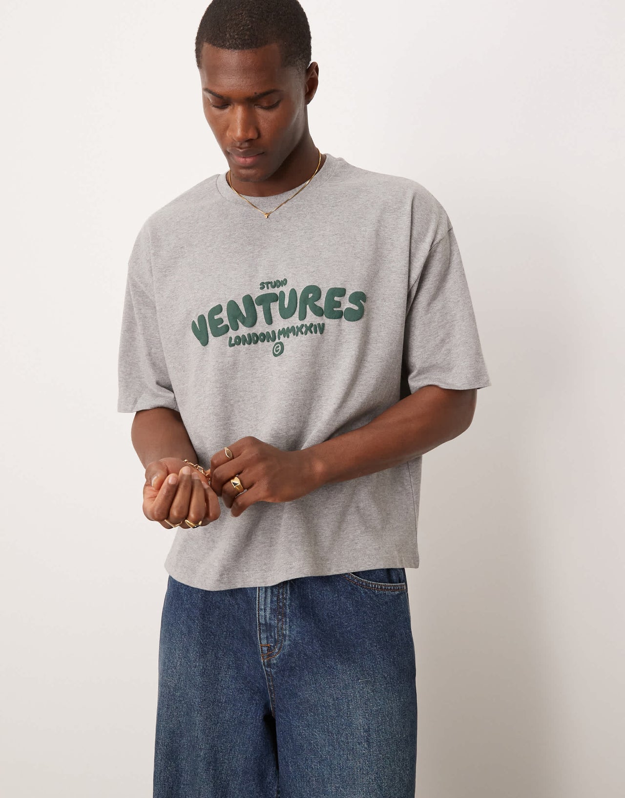ASOS DESIGN boxy oversized t-shirt with text graphic in grey marl