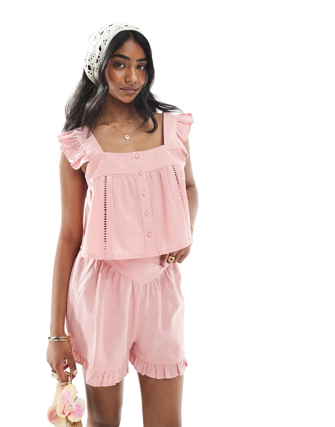 Wednesday's Girl gauzey ruffle edge co-ord shorts in pink