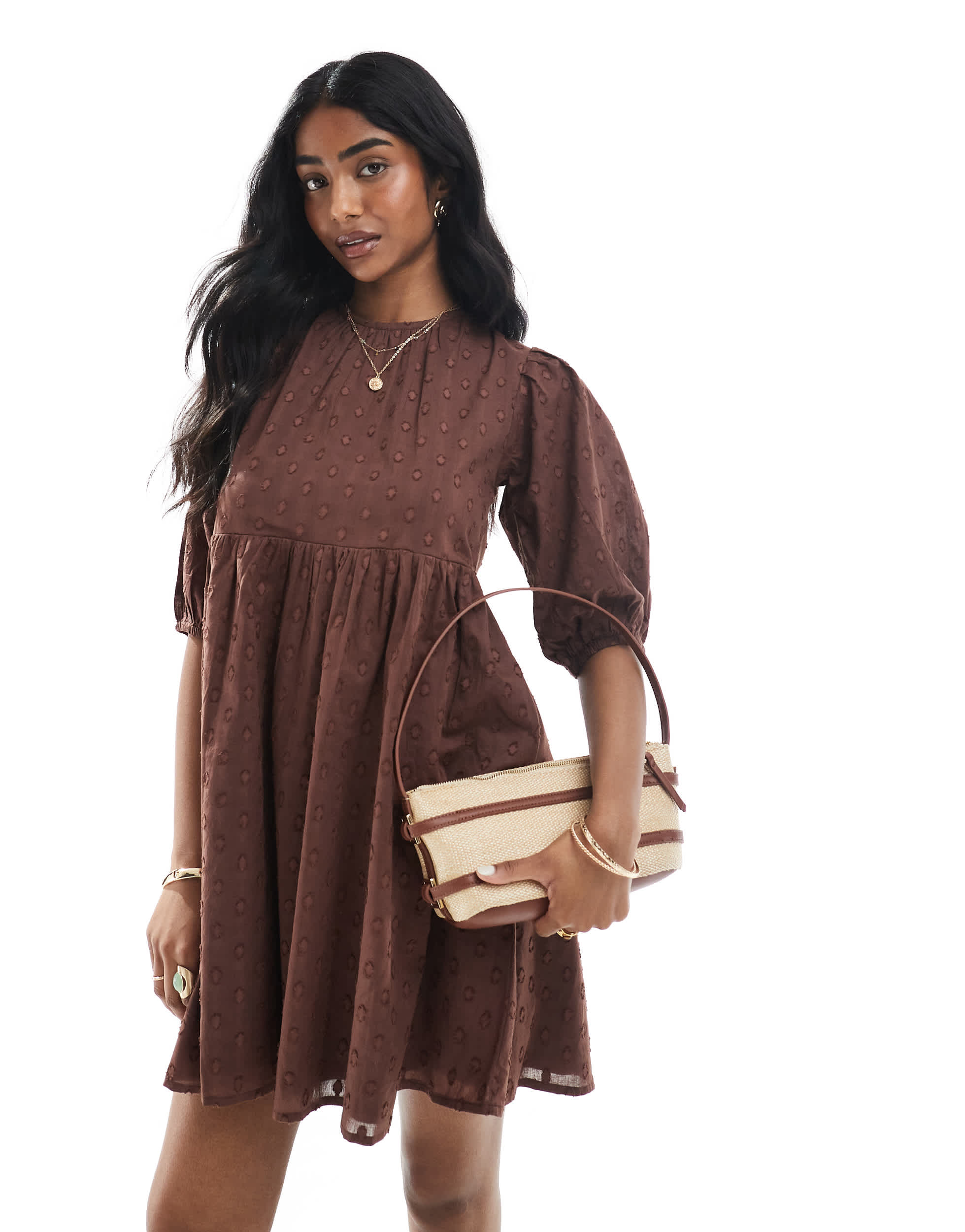 Wednesday's Girl puff sleeve dobby smock mini dress in brown