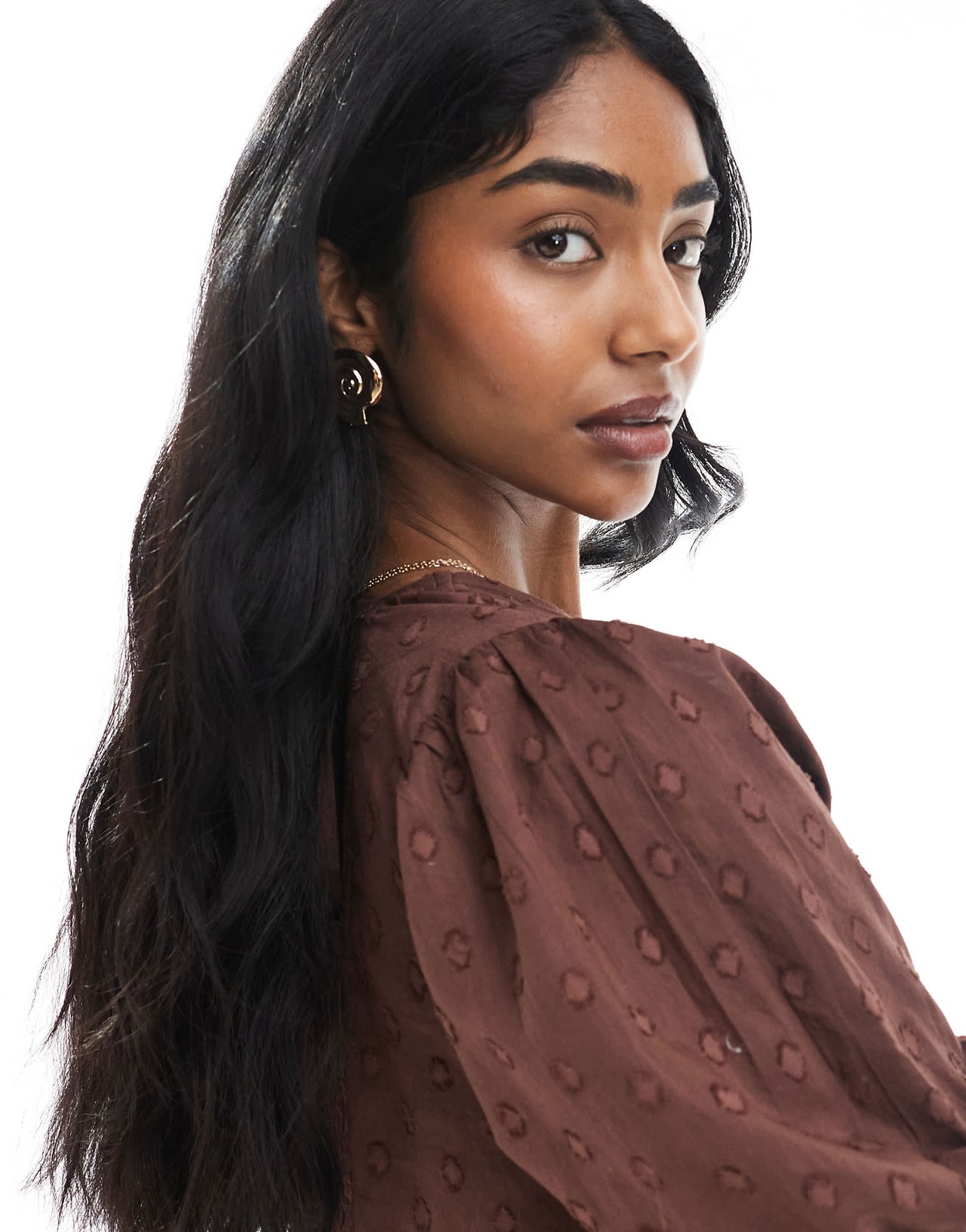 Wednesday's Girl puff sleeve dobby smock mini dress in brown