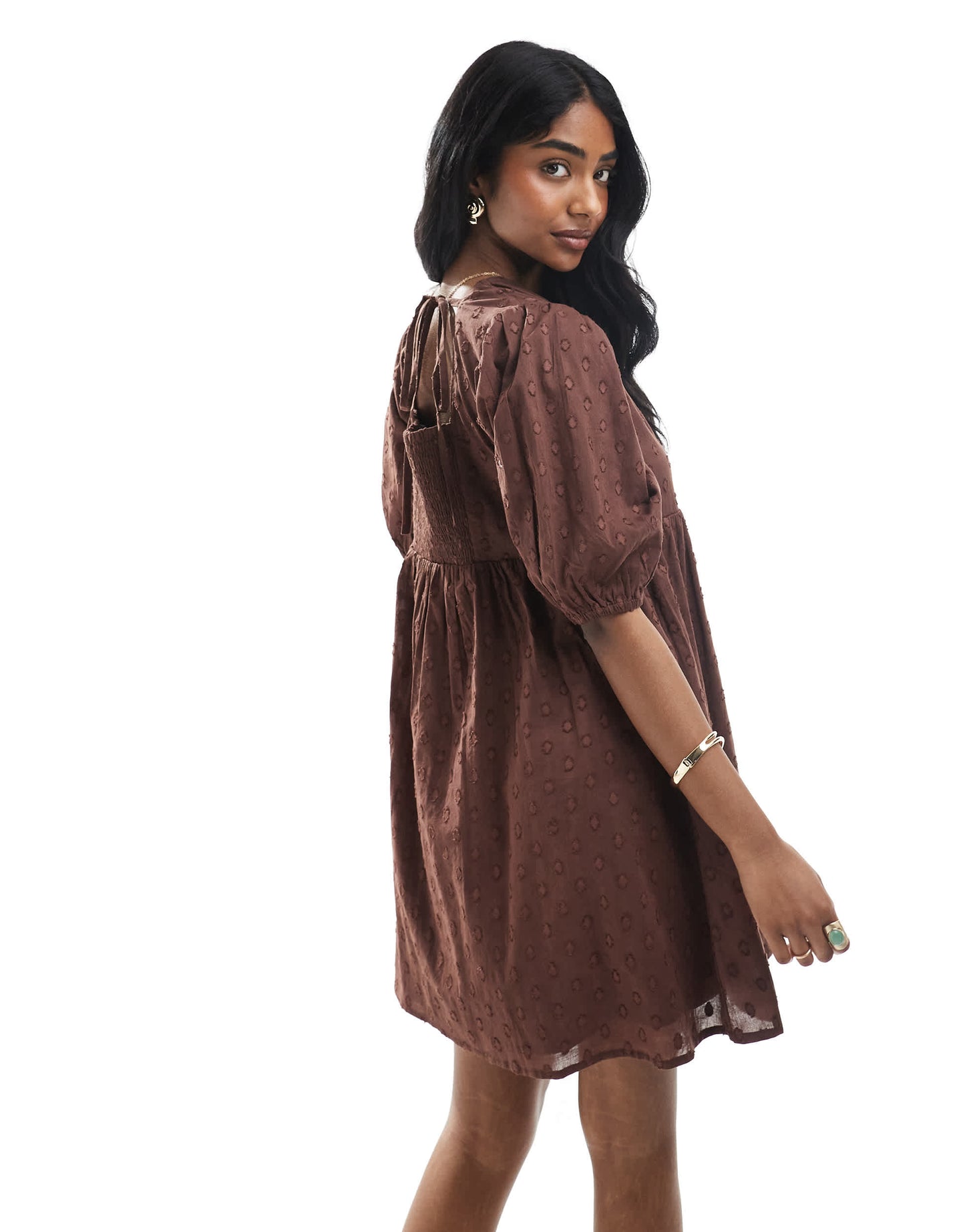 Wednesday's Girl puff sleeve dobby smock mini dress in brown