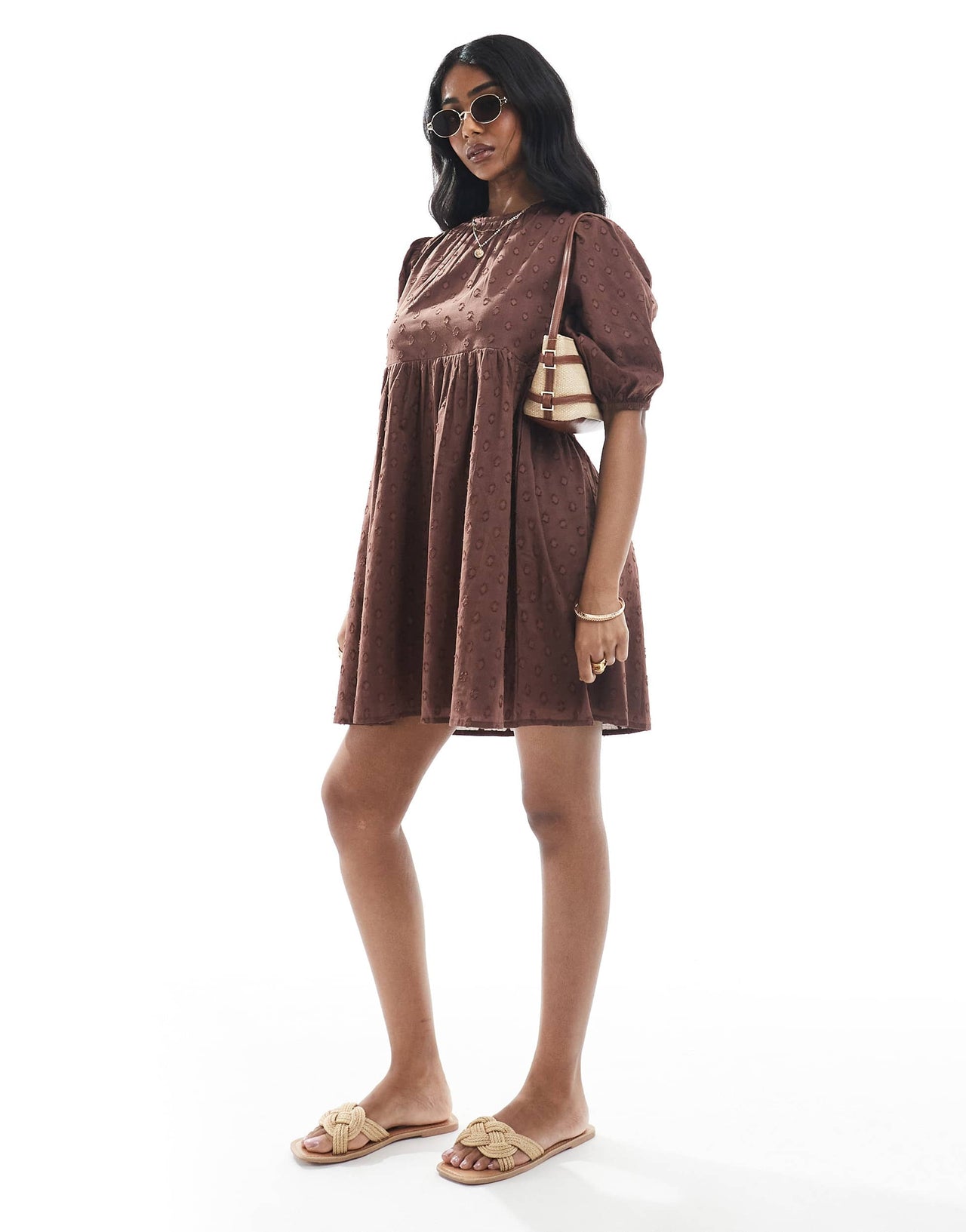 Wednesday's Girl puff sleeve dobby smock mini dress in brown