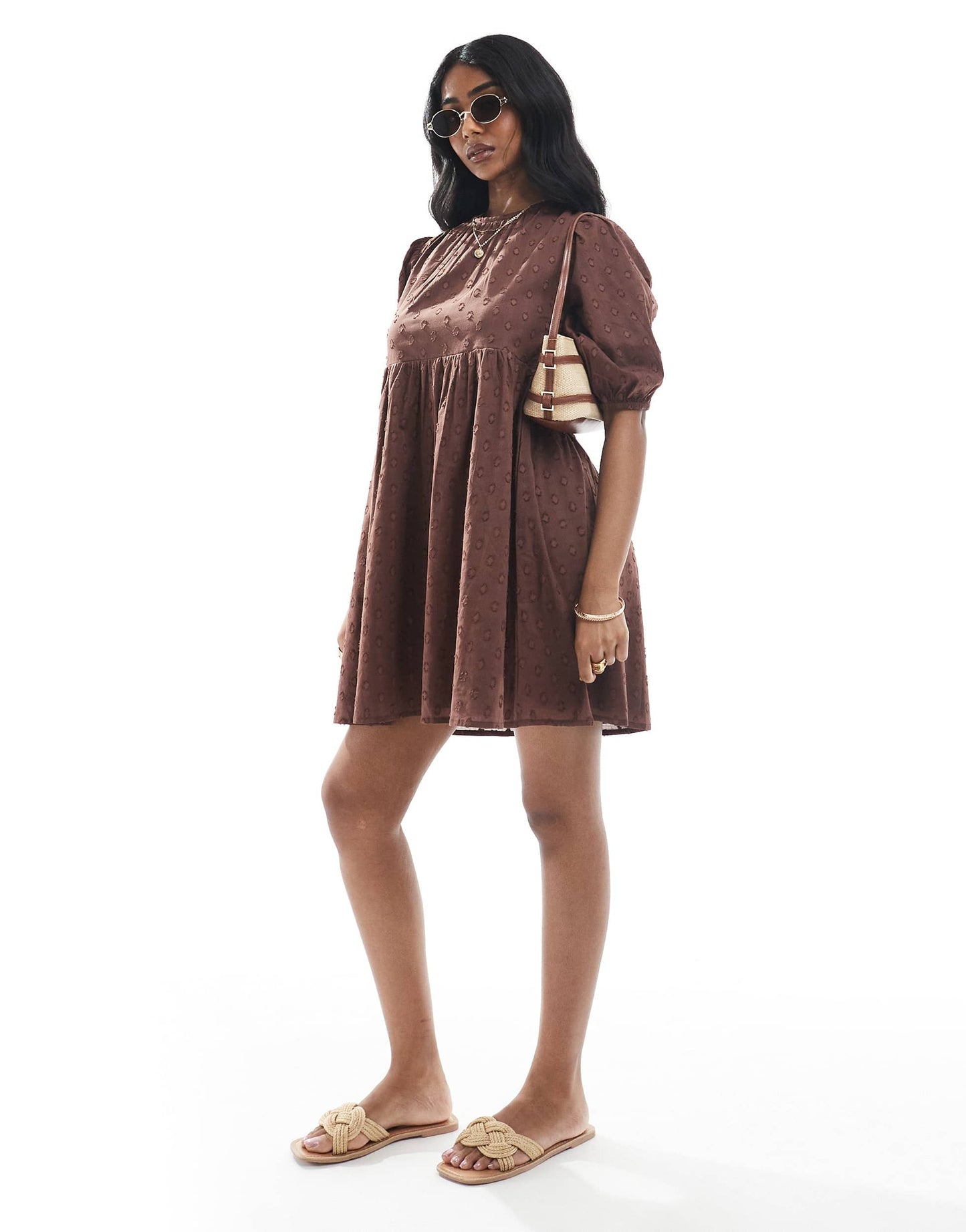 Wednesday's Girl puff sleeve dobby smock mini dress in brown