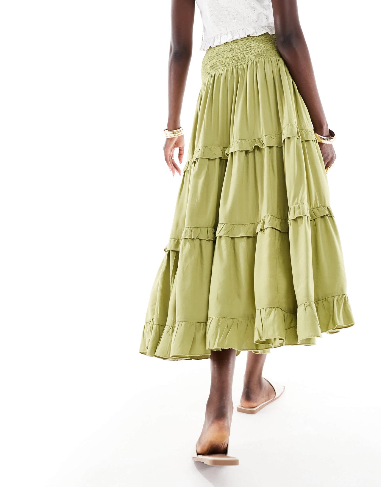 Wednesday's Girl tiered ruffle midaxi boho skirt in green