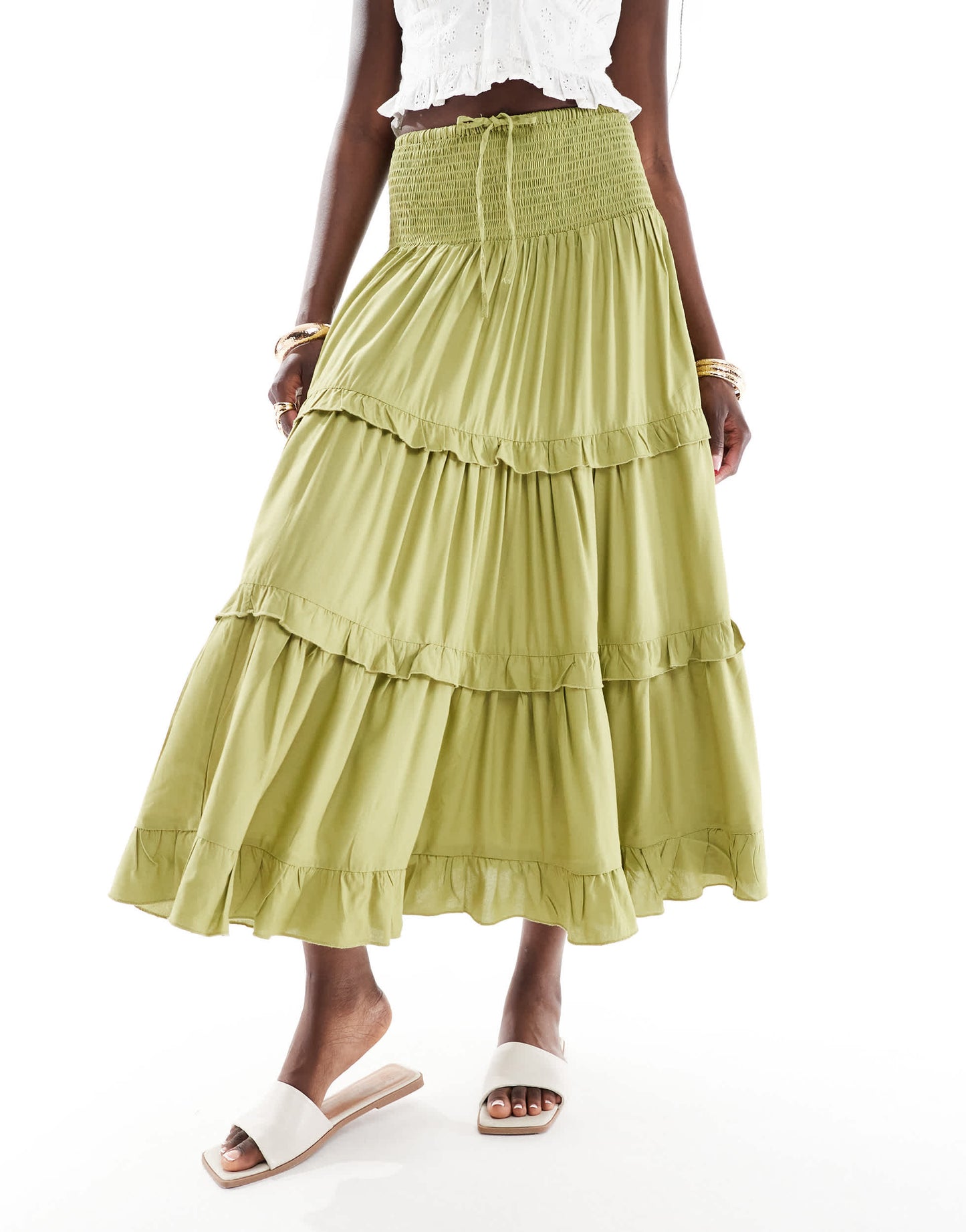 Wednesday's Girl tiered ruffle midaxi boho skirt in green