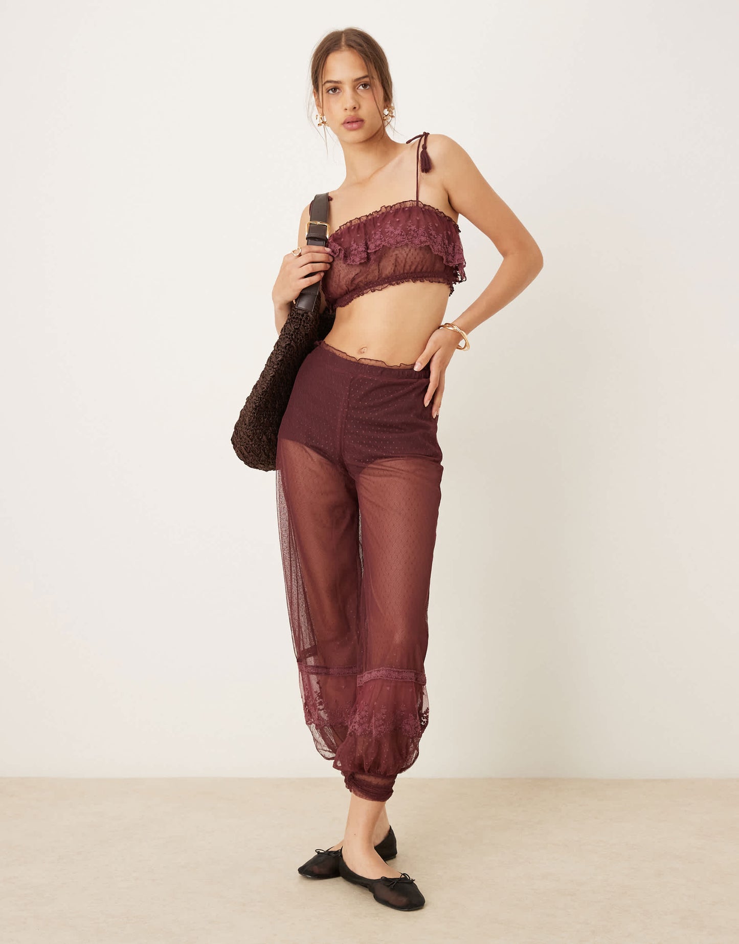ASOS DESIGN co-ord sheer dobby mesh lace hem trouser in berry