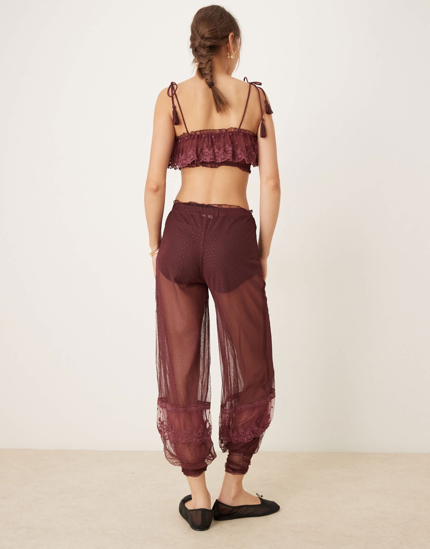 ASOS DESIGN co-ord sheer dobby mesh lace hem trouser in berry