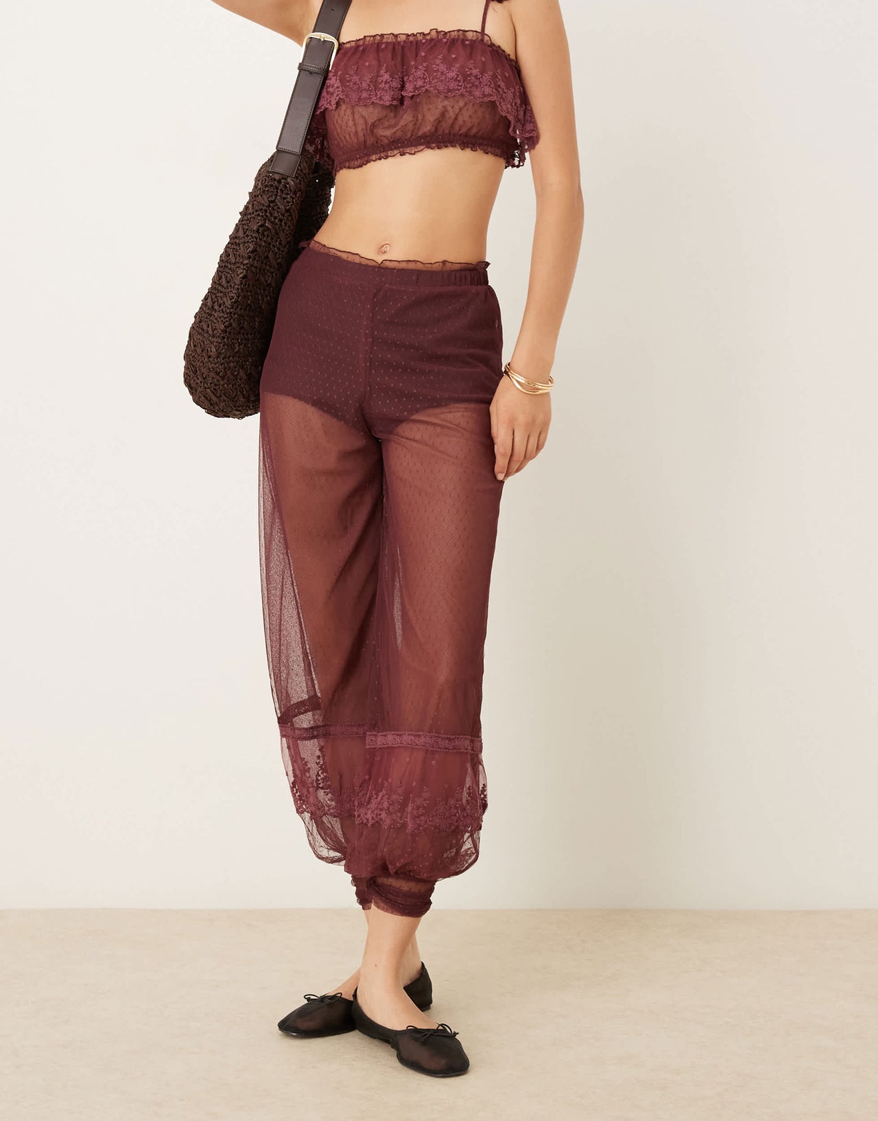 ASOS DESIGN co-ord sheer dobby mesh lace hem trouser in berry
