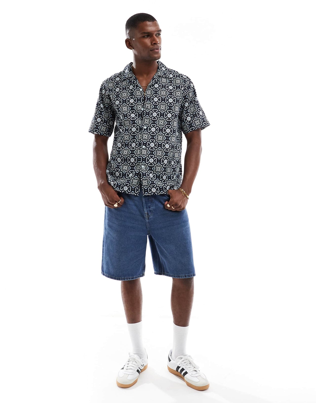 ONLY & SONS revere collar shirt with tile paisley print in navy