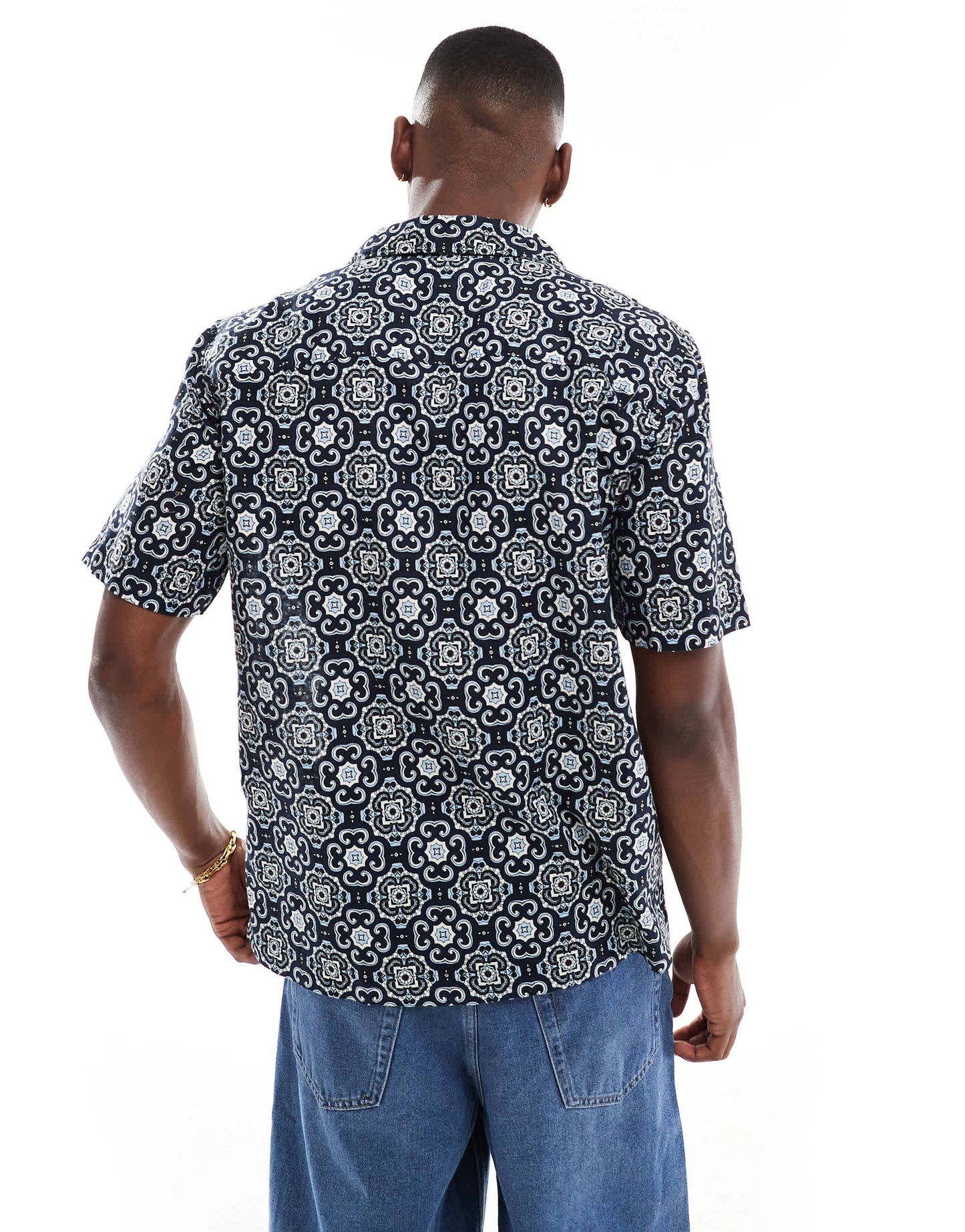 ONLY & SONS revere collar shirt with tile paisley print in navy