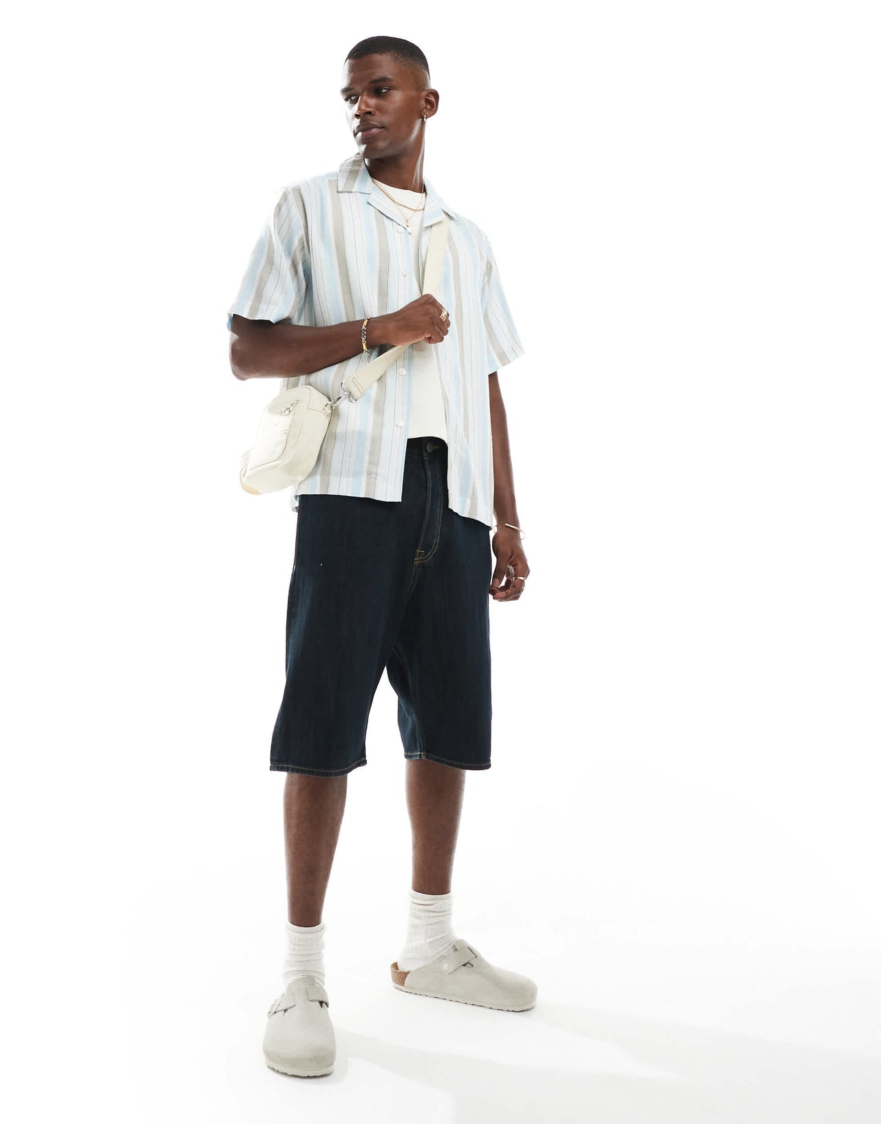ONLY & SONS linen mix short sleeve shirt in beige & blue stripe